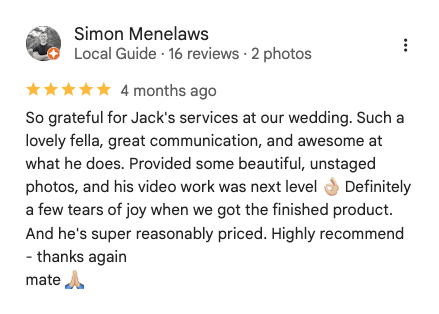 Screenshot of a Google review by Simon Menelaws praising Jack's services at a wedding, mentioning great communication, high-quality photos, and affordable pricing.
