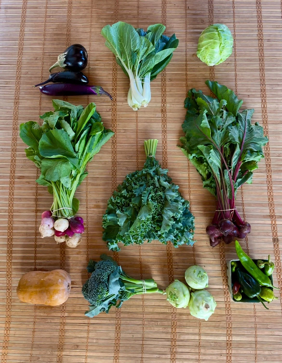 A variety of fresh vegetables from Kind Folk Farm's CSA including eggplant, Chinese eggplant, cabbage, green leafy vegetables, radishes, broccoli, turnips, and peppers arranged on a woven bamboo mat.