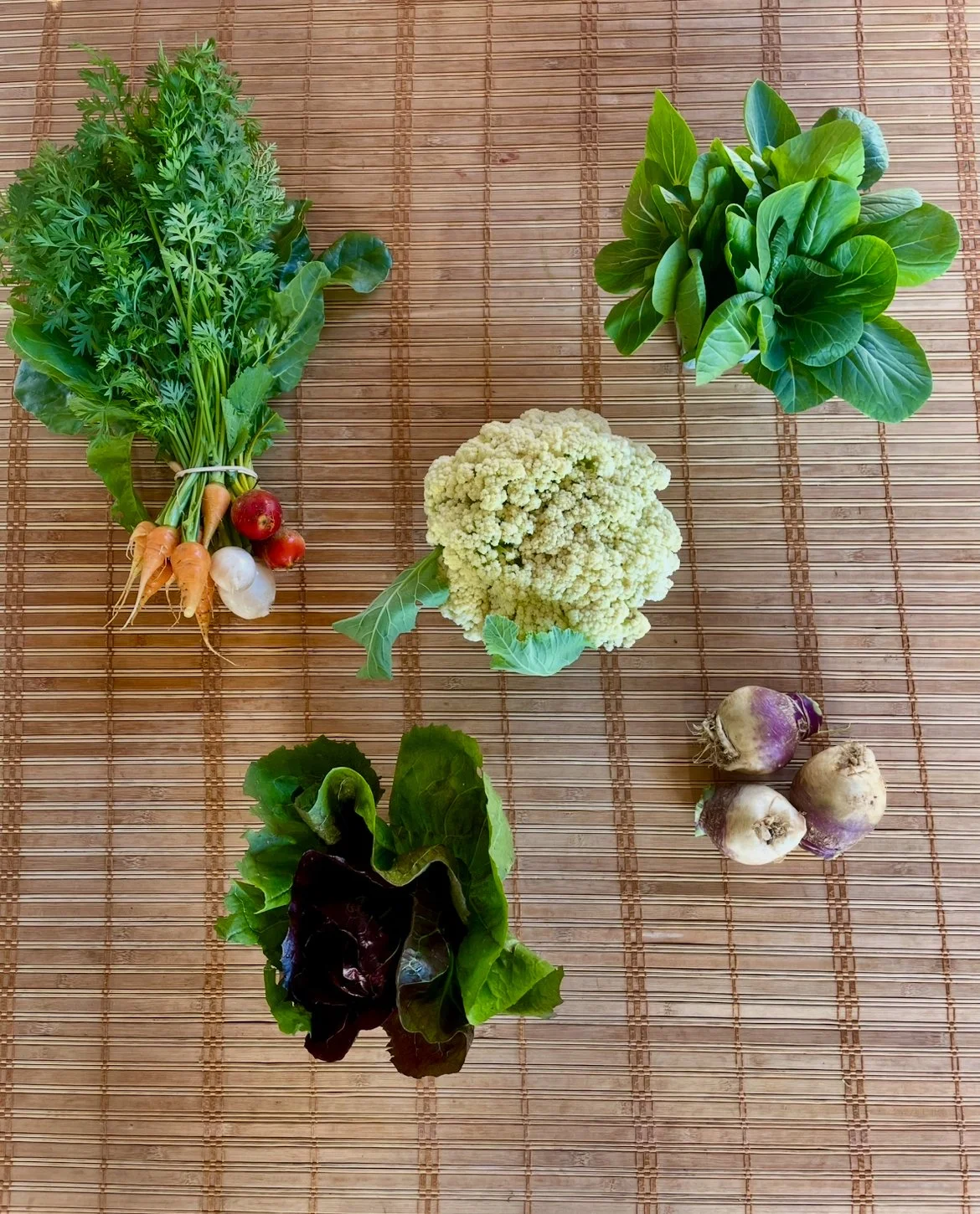 Assorted fresh vegetables from Kind Folk Farm's CSA including carrots, radishes, parsley, cauliflower, lettuce, and turnips placed on a bamboo mat.