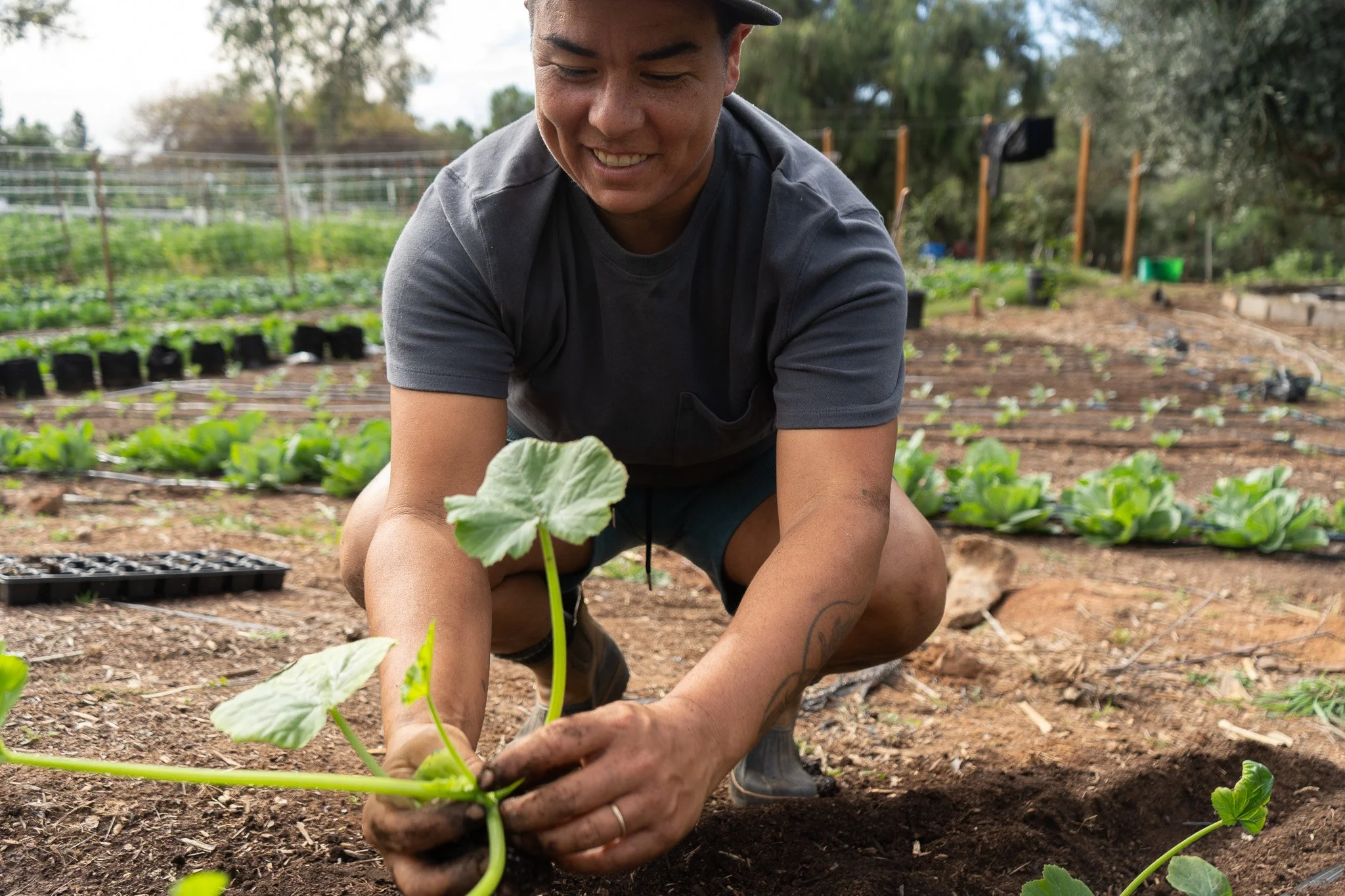Ayzsha Smith, the sole farmer of Kind Folk Farms based in San Diego holds up a zucchini plant as her half acre farm is shown behind her