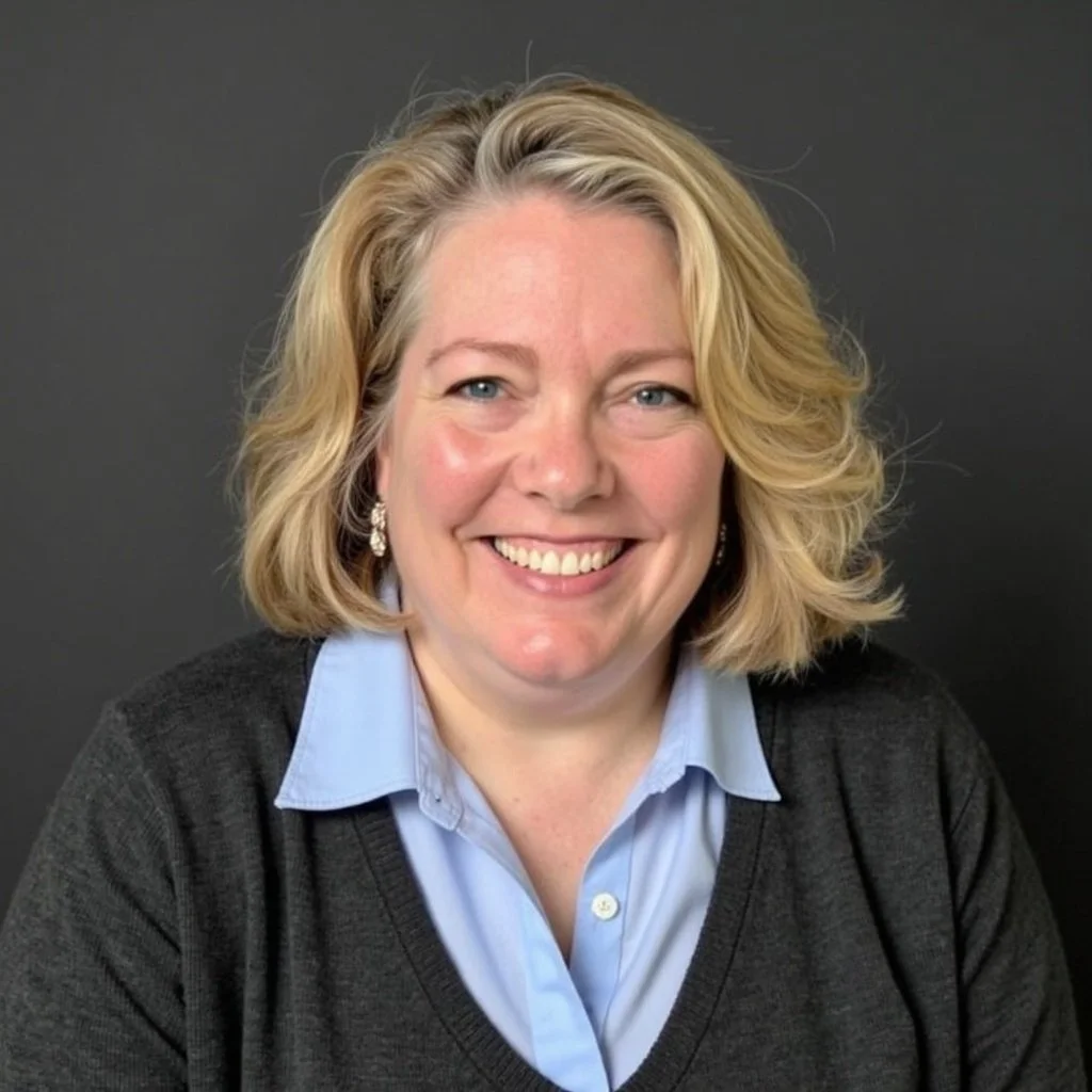 Portrait of a smiling woman with short, blonde, wavy hair, wearing a light blue collared shirt and a dark gray sweater, against a dark background.