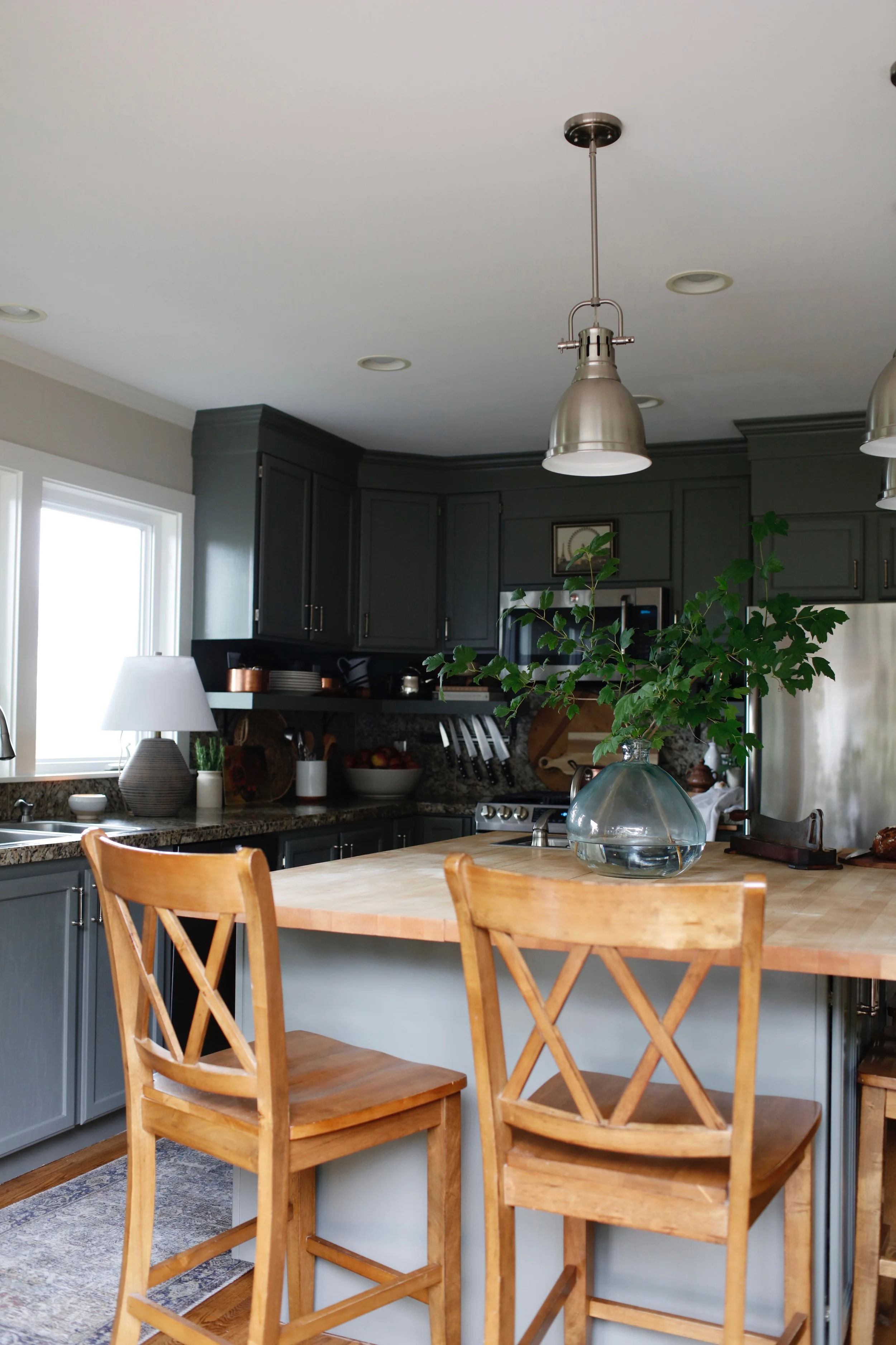 Kitchen with dark cabinets, stainless steel appliances, a wooden table with chairs, a large glass vase with green leafy plant, hanging pendant lights, window letting in natural light, and a decorative rug.