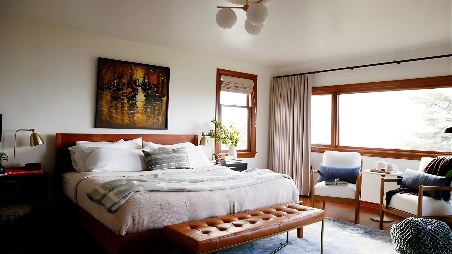 A cozy bedroom with a large bed featuring white linens and a plaid pillow, flanked by bedside lamps. There are two windows with wooden frames, a potted plant, and seating area with chairs and a small table. An abstract painting hangs above the bed, and a tufted leather bench sits at the foot of the bed.