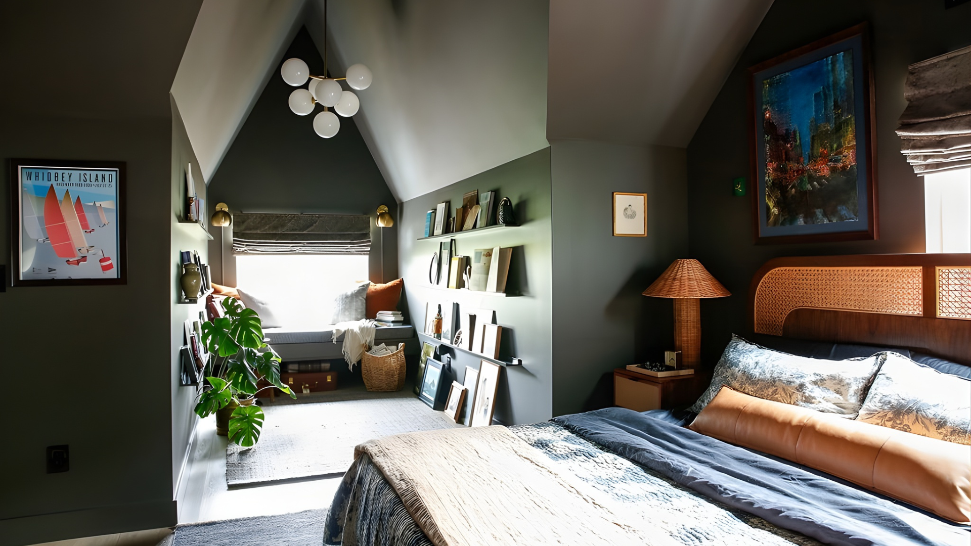A cozy bedroom with a bed, bedside lamp, artwork on the walls, a large window with natural light, and shelves with books and decor. A sitting nook with cushions by the window, and a potted plant adds greenery.