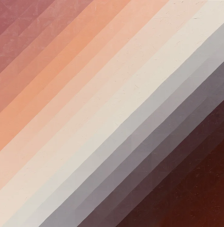 Abstract geometric pattern with diagonal stripes in shades of peach, beige, gray, and dark brown. By Seattle Artist, Stephanie Scott