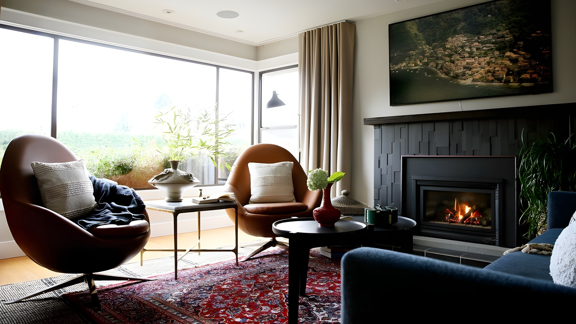 Living room with large windows, modern chairs, a fireplace, a flat-screen TV, and decorative plants and pillows.