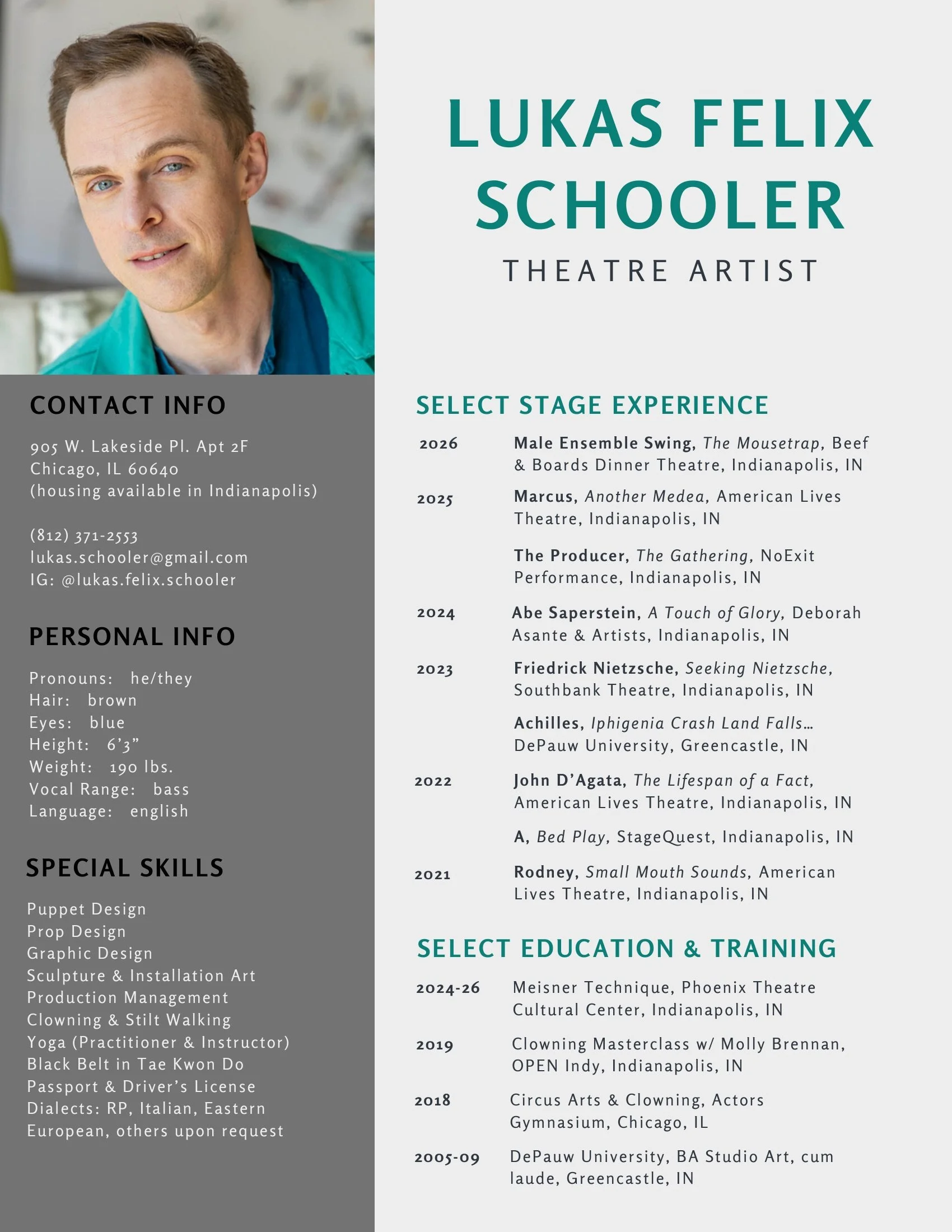 Resume or portfolio for Lukas Felix Schooler, a theatre artist, including a photo of him, contact info, personal info, skills, stage experience from 2021 to 2026, and education and training history from 2005 to 2026.