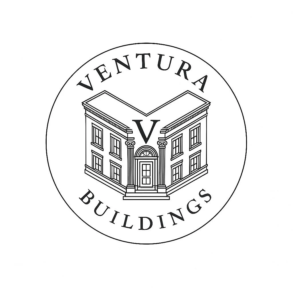 Logo circulaire avec une illustration d'un bâtiment ancien, entouré des mots 'VENTURA BUILDINGS' en haut et en bas, et une lettre 'V' au centre.
