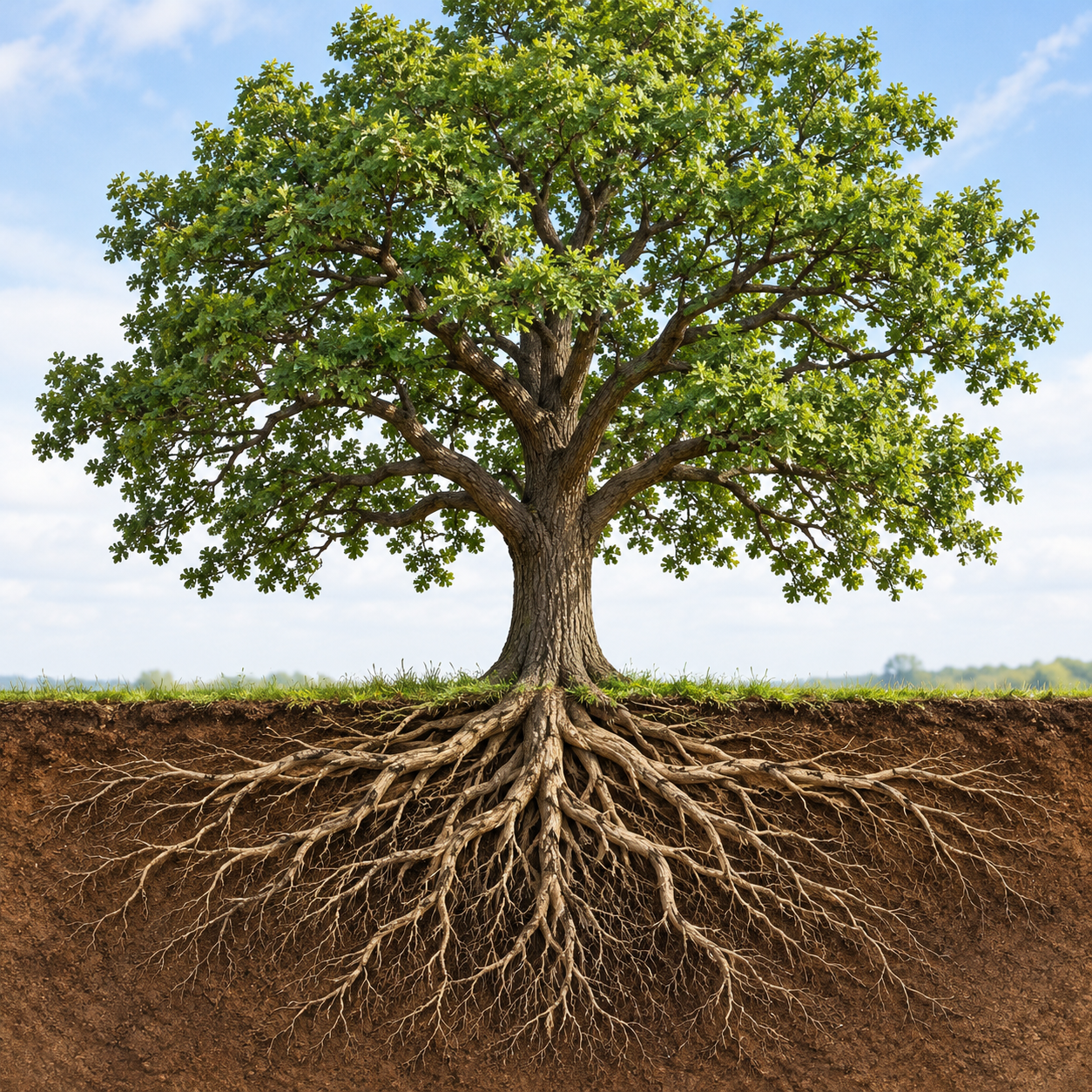 Large leafy tree with expansive roots exposed beneath the soil in a grassy field