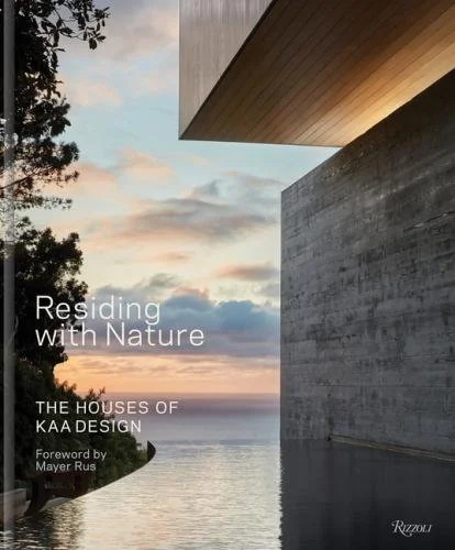 Modern house with a concrete facade and wooden overhang by a body of water, trees on the left, sunset sky overhead, with text overlay about residing with nature and architectural design.