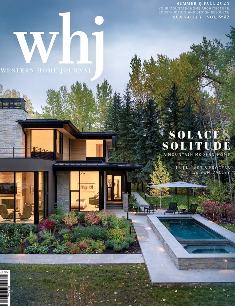 Cover of Western Home Journal magazine featuring a modern mountain home with large glass windows, an outdoor pool, seating area with umbrella, and lush trees in the background.