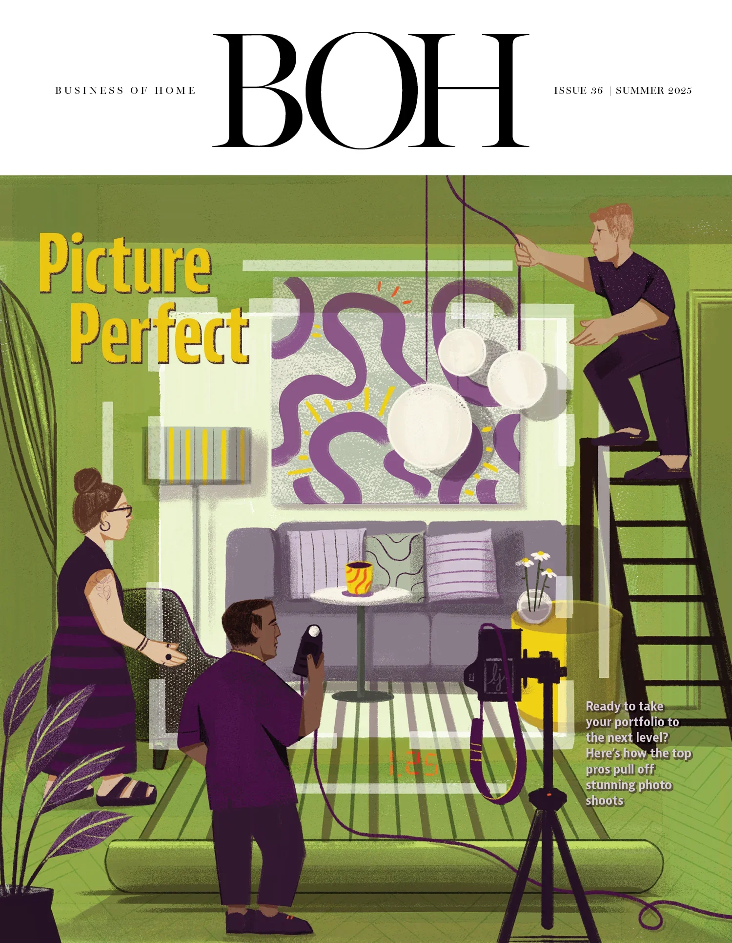 Magazine cover titled "BOH" with a green interior scene featuring a woman, a man, and a person on a ladder setting up lighting for a photo shoot of a living room artwork, with the text "Picture Perfect"