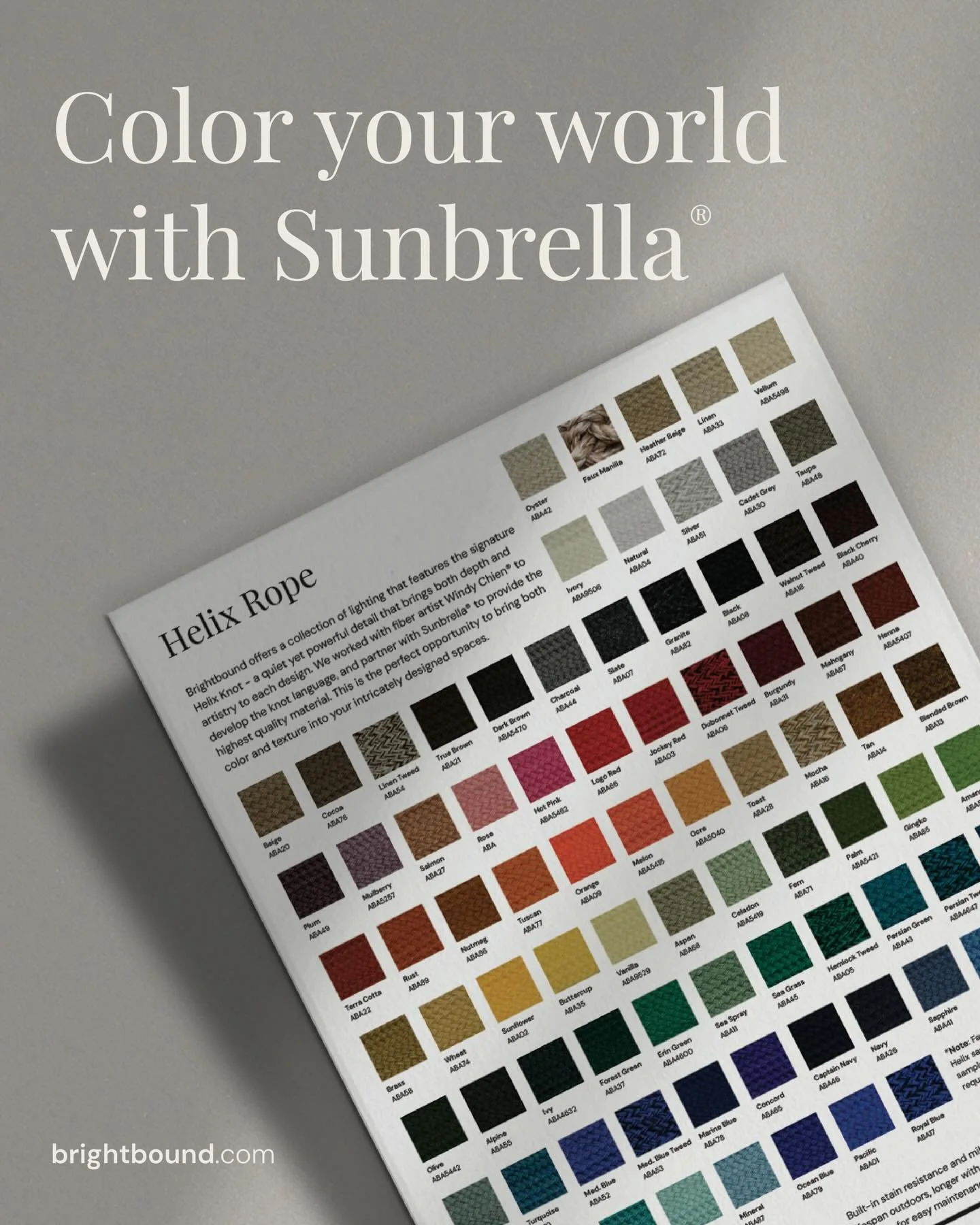 Color is more than a finish. It&rsquo;s a language.

We are pleased to share that the Helix Knot is now available in 84 vivid @sunbrella colorways. By expanding this palette, we&rsquo;re inviting designers to further express their creative intent, sh