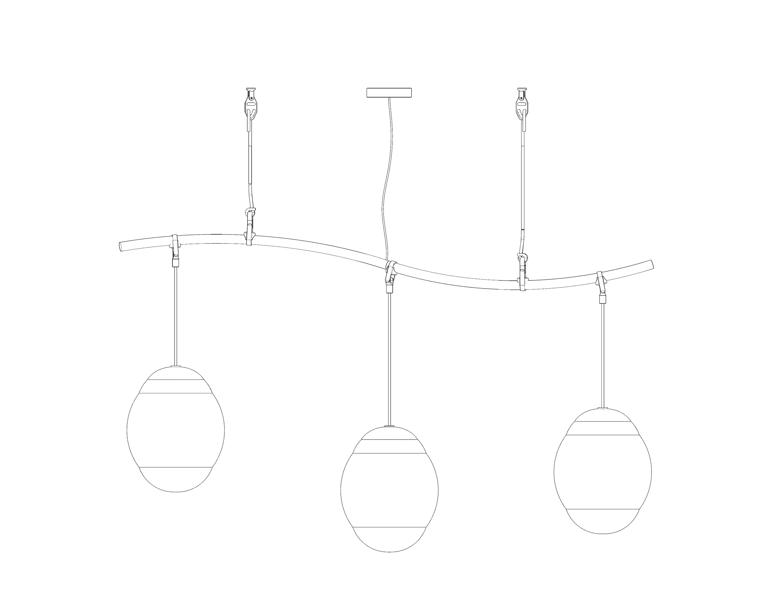 Line drawing of a three-bulb hanging light fixture with a curved support rod and adjustable hanging cords.