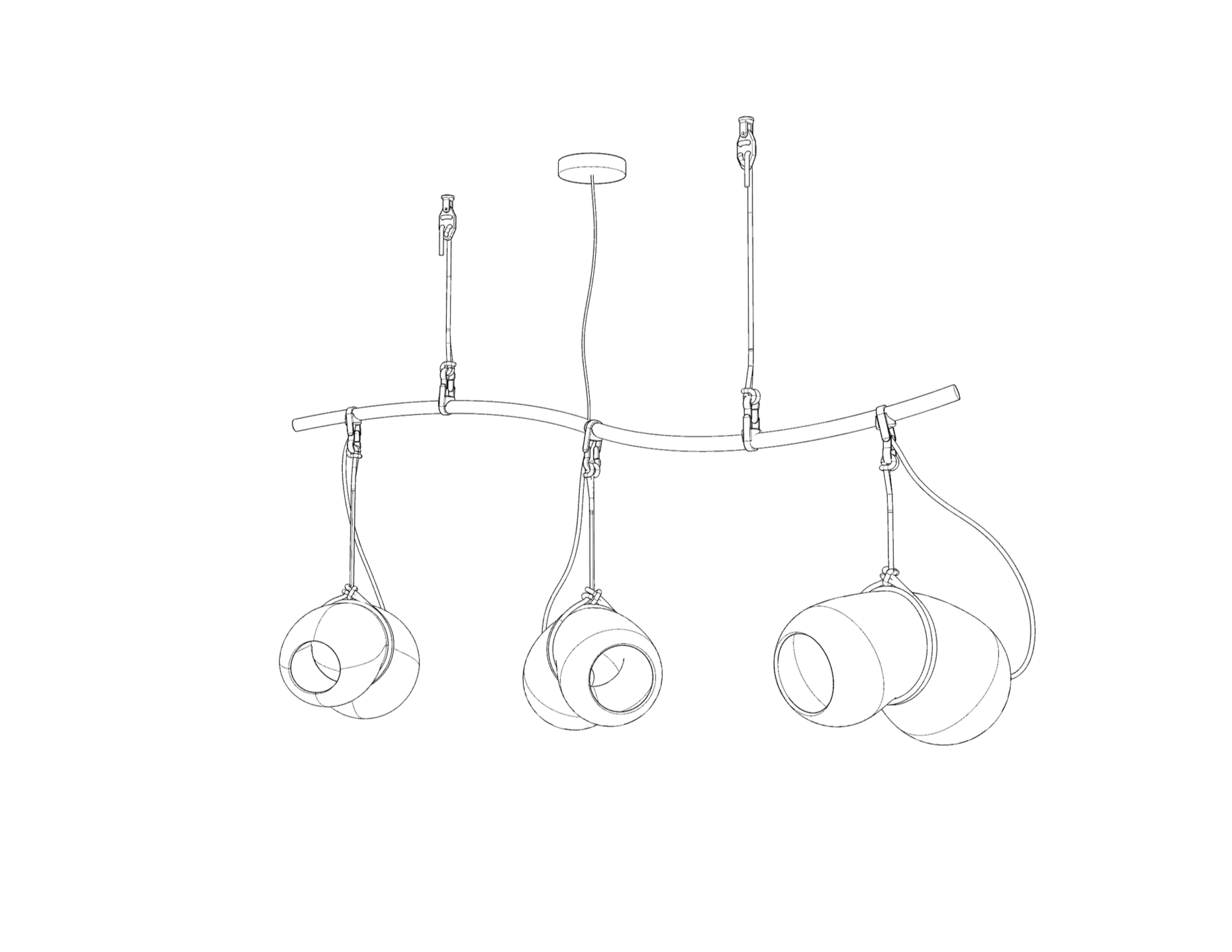 Line drawing of a modern chandelier with three suspended light fixtures, all hanging from wires attached to a ceiling mount.