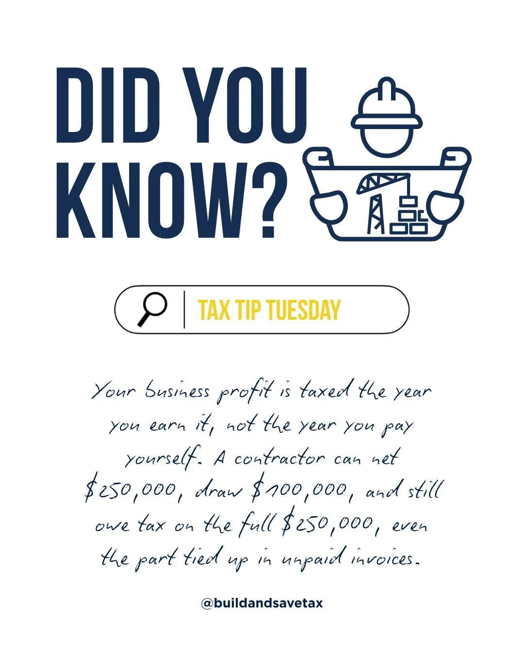 This one catches contractors every year. 👉️ 

The tax follows the profit, not your paycheck. 

So a strong year with most of the cash still sitting in retainage or open jobs can still bring a bill bigger than what you set aside. The fix is knowing y