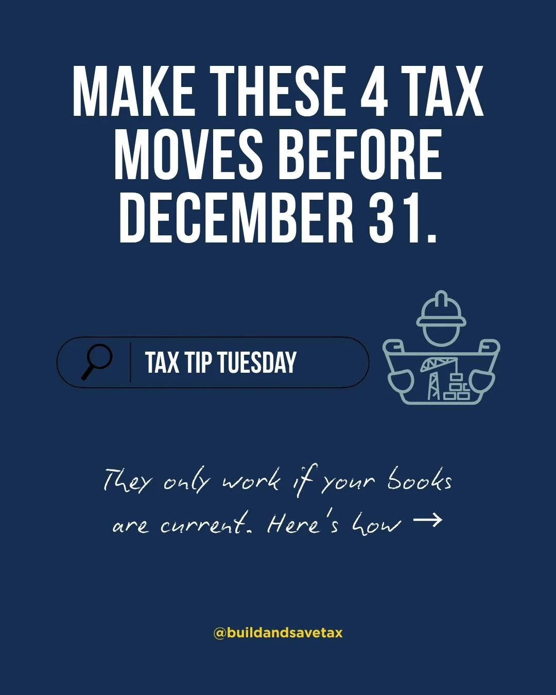 The best tax moves for contractors all have one thing in common: they have to happen before December 31. And you can only make them if your books are current. 🛠️

Equipment timing, owner salary, estimated payments, retainage. 

If your advisor finds
