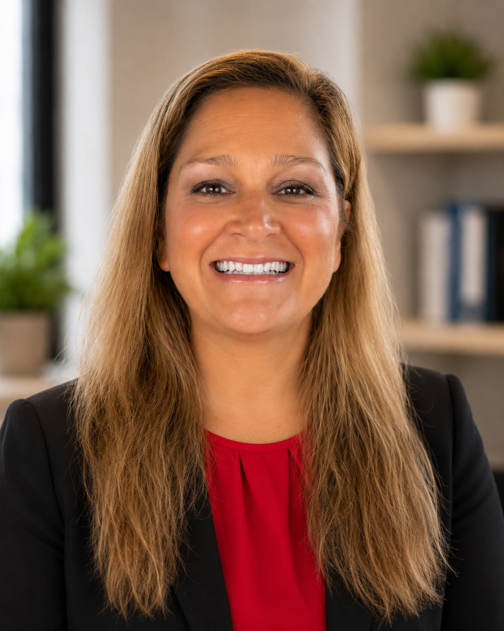 A smiling woman with long light brown hair, wearing a black blazer and red blouse, sitting in an office setting with plants and books in the background.
