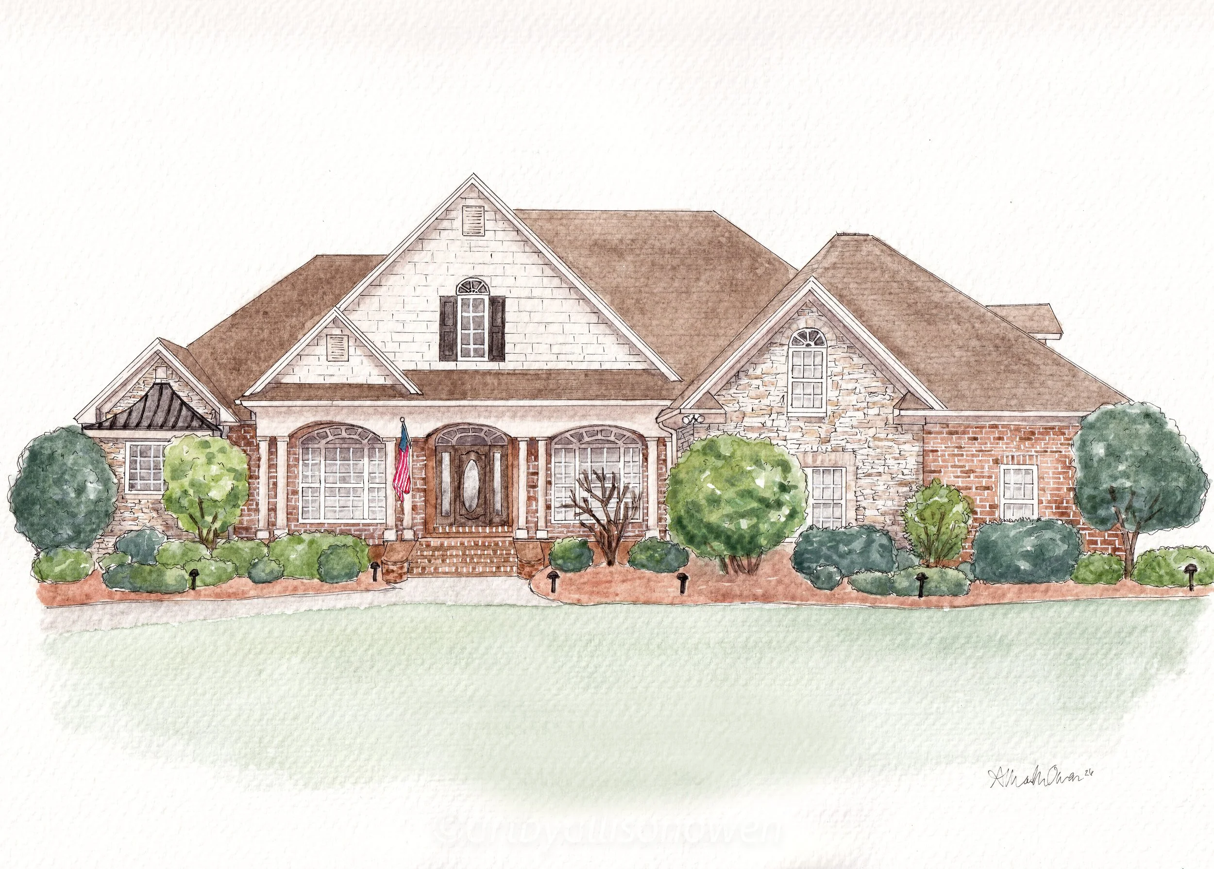 Watercolor painting of a large suburban house with brick and stone exterior, multiple gabled roofs, front steps, and landscaped bushes and trees.
