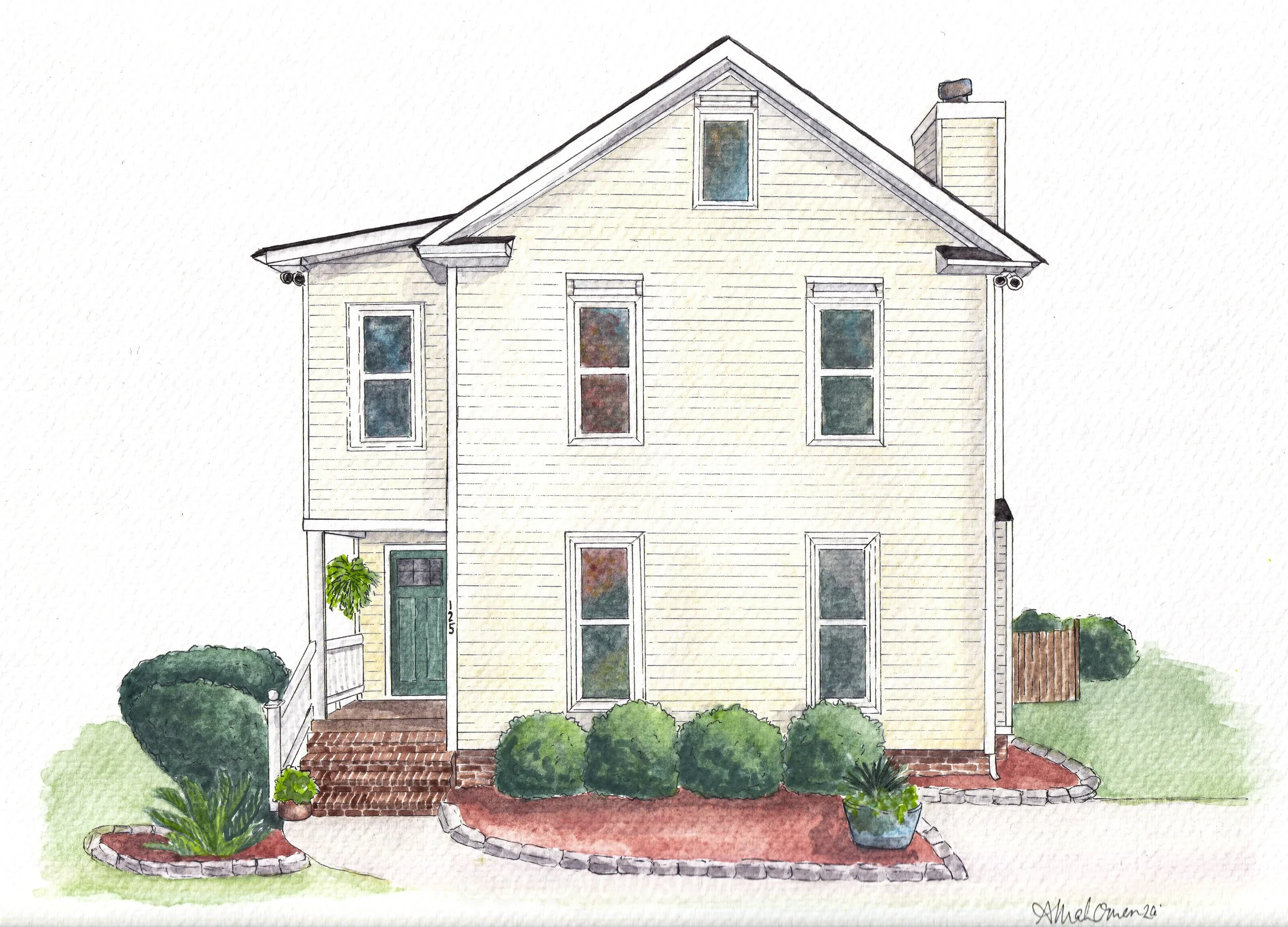 Watercolor painting two-story lexington south carolina house
