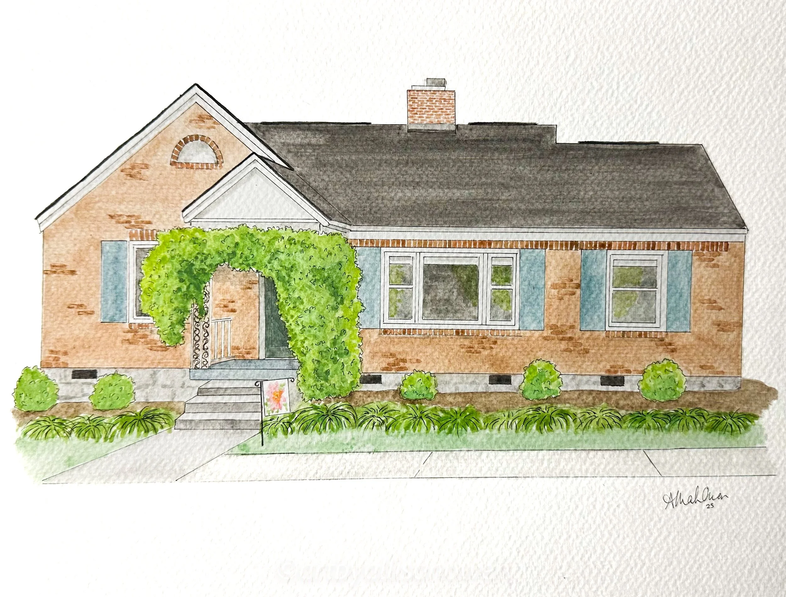hand painted watercolor illustration of a brick house located in columbia, sc