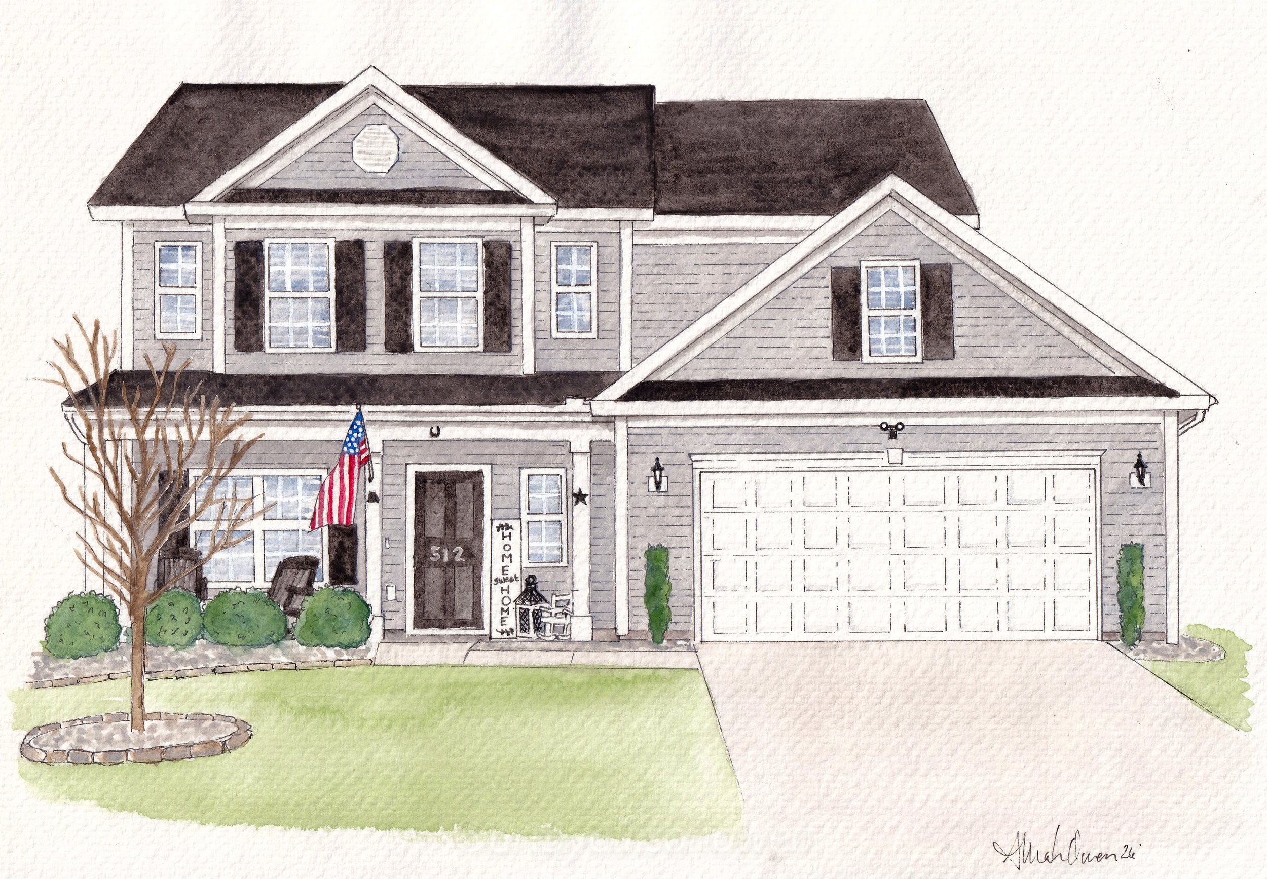 Custom watercolor home portrait in Lexington SC South Carolina house portrait watercolor commission