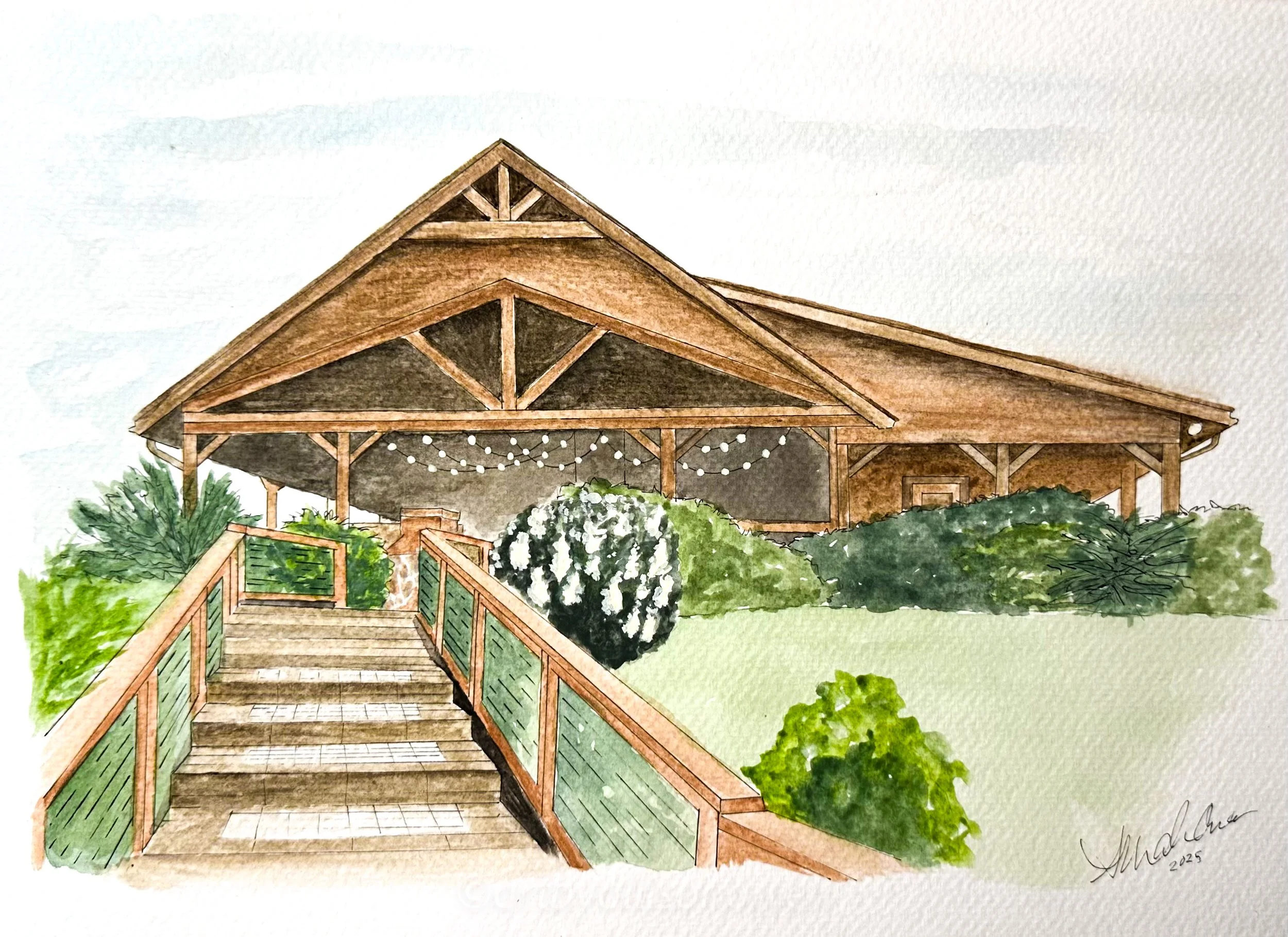 A custom watercolor painting of a wedding venue with string lights, a ramp leading up to it, and surrounded by greenery and bushes.