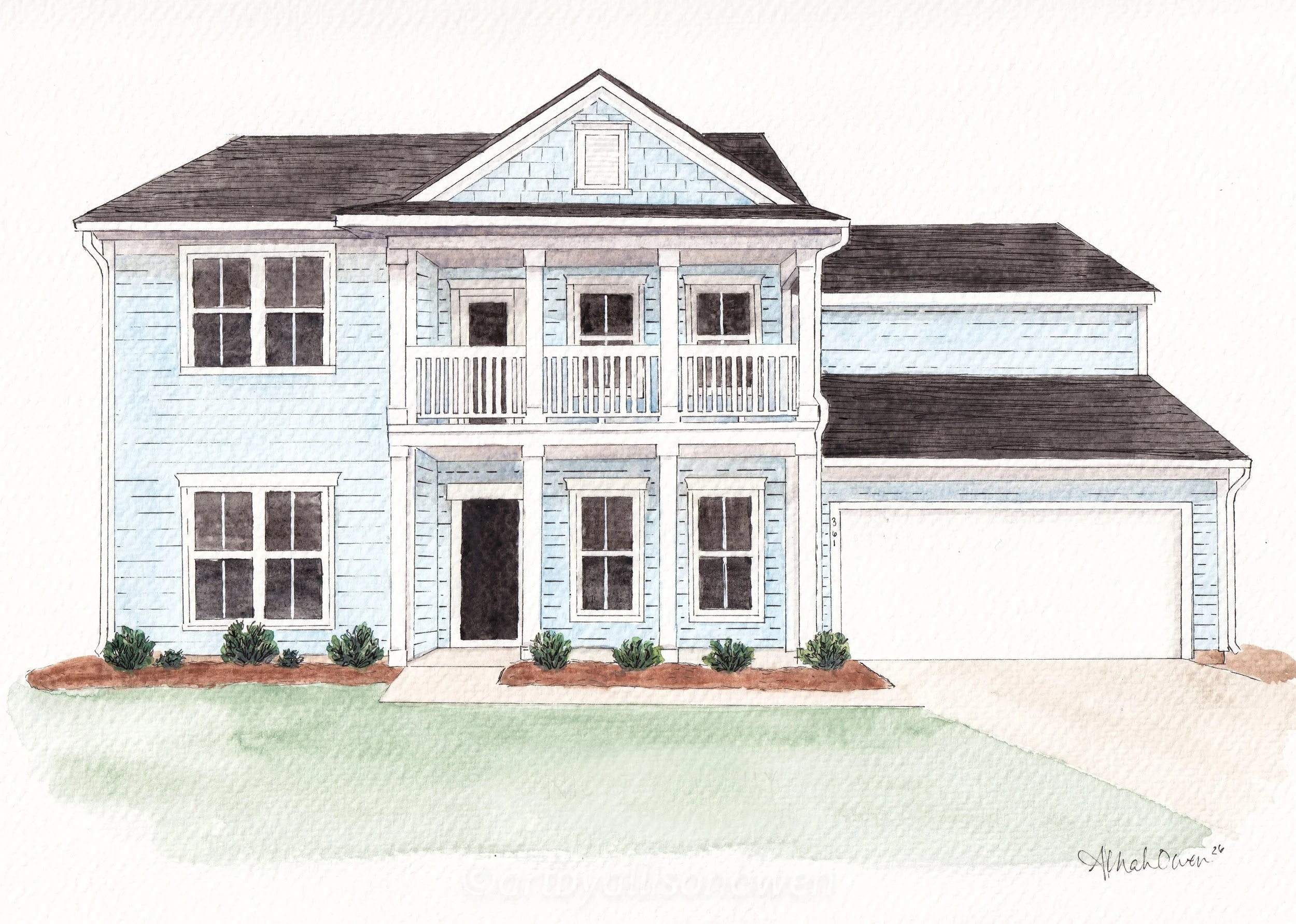 custom watercolor illustration of a two-story light blue south caroilna house