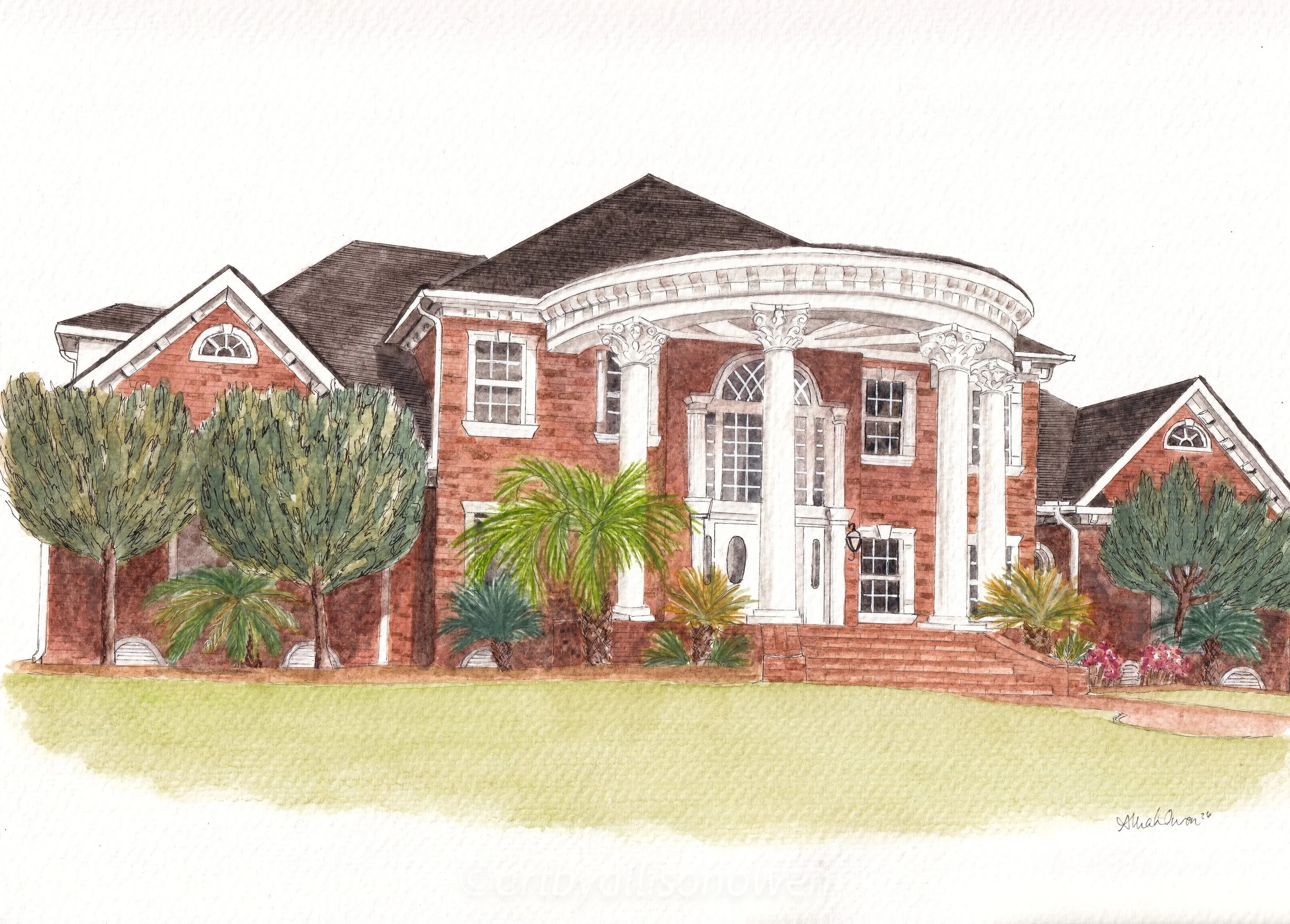 Custom Heirloom Watercolor illustration of a large brick house with white columns and a rounded porch. 