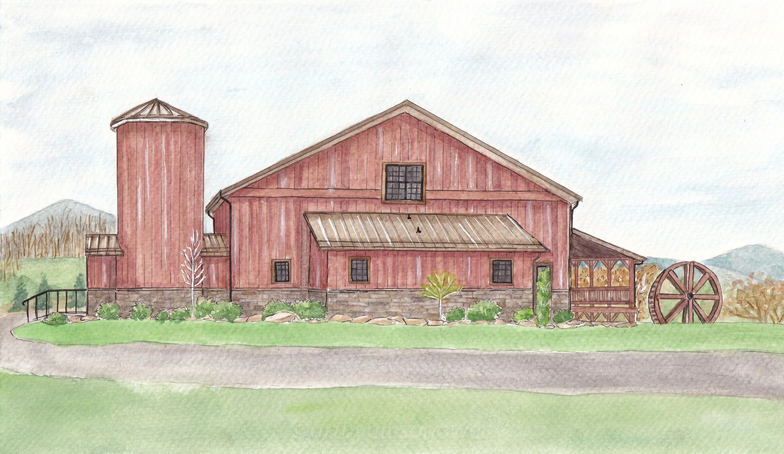Watercolor painting of a wedding venue - the mill at rock creek