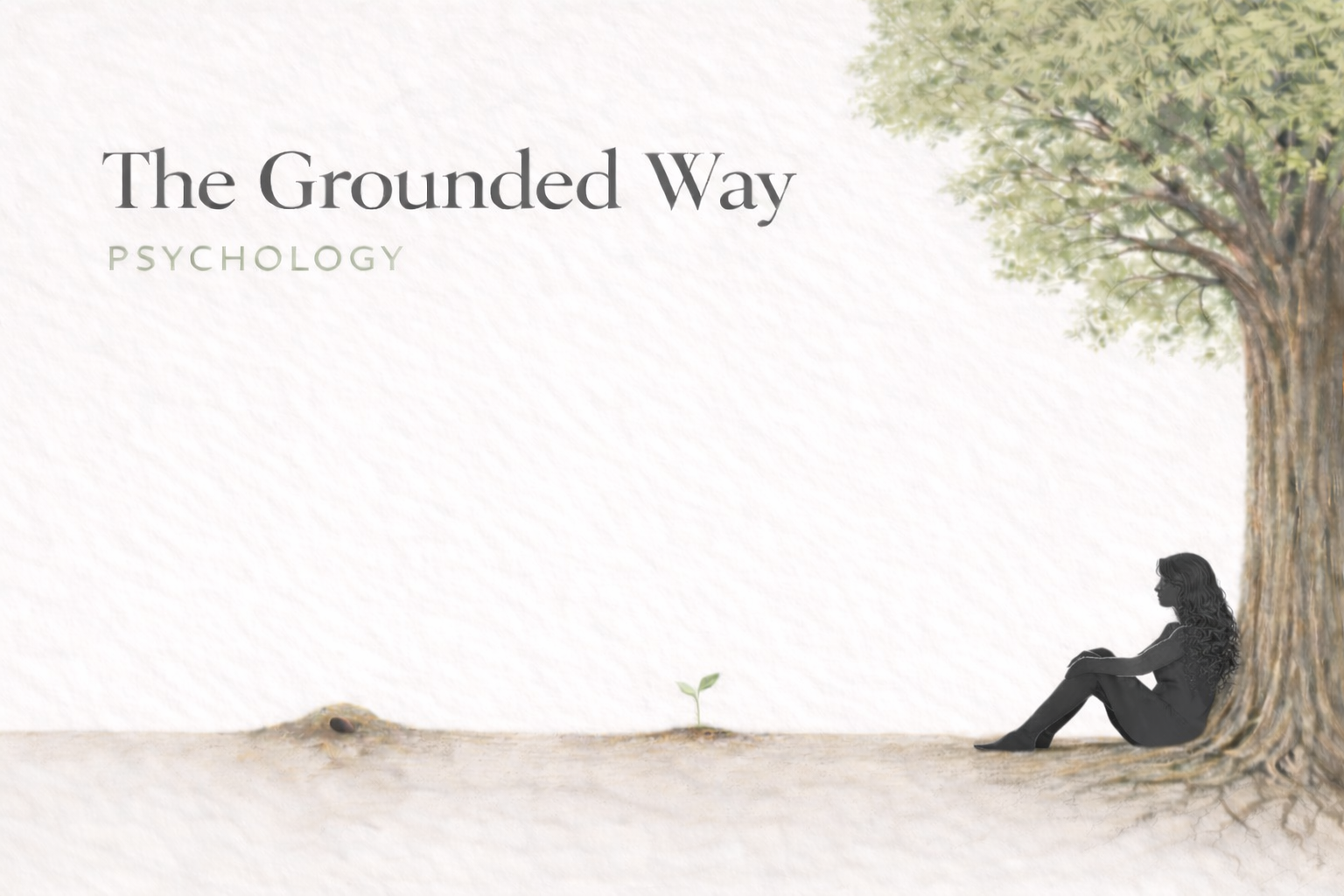 Illustration of a woman sitting under a large tree next to a small plant, with the text 'The Grounded Way Psychology' on a textured white background.