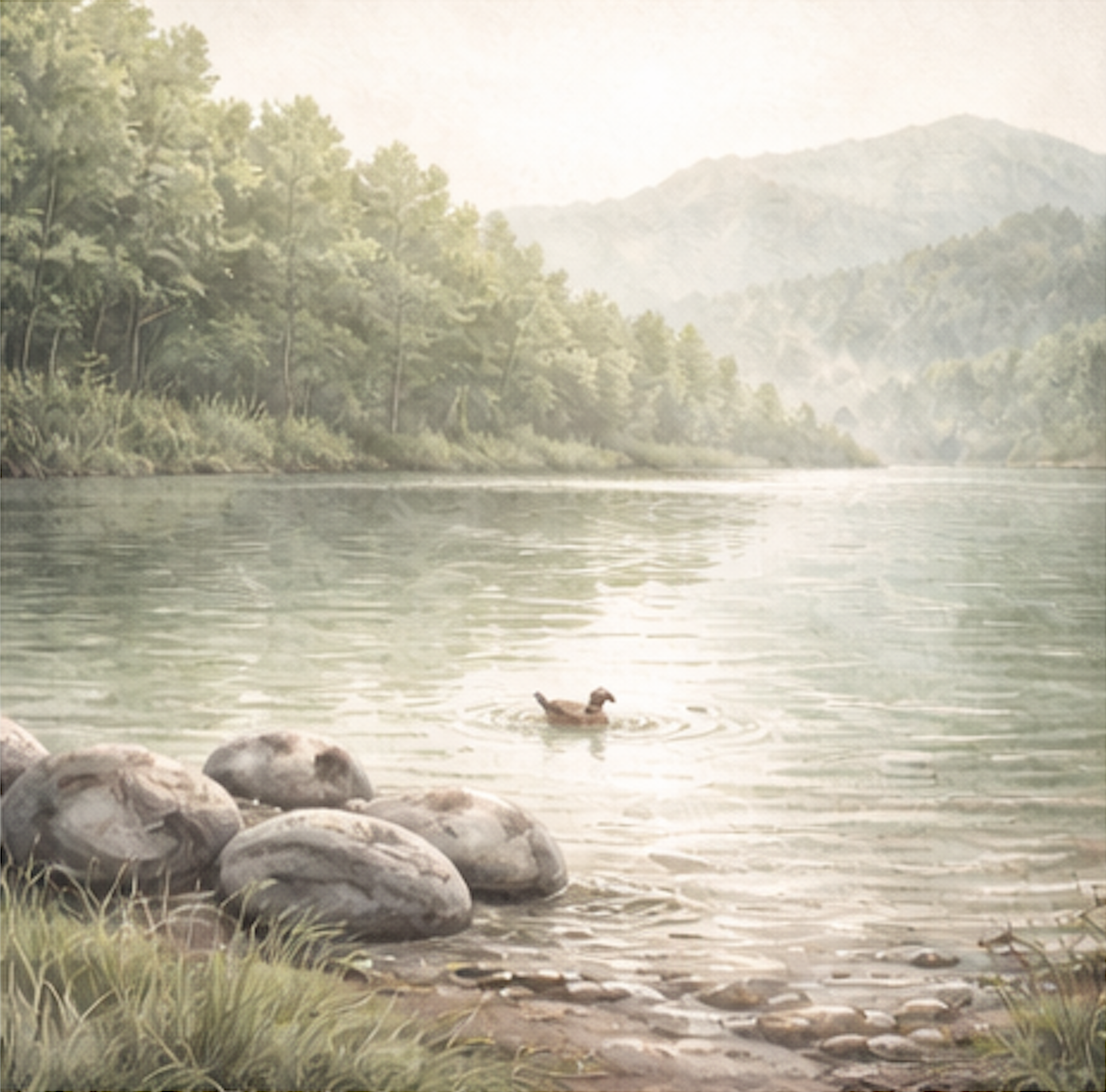 A serene river scene with a duck swimming near rocks on the shore, surrounded by trees and mountains in the background.