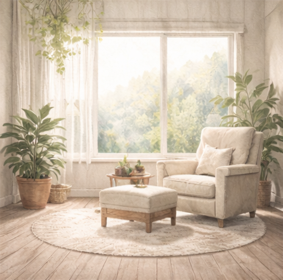 Bright living room with large window showing trees outside, beige armchair with pillow, round rug, ottoman, and potted plants.