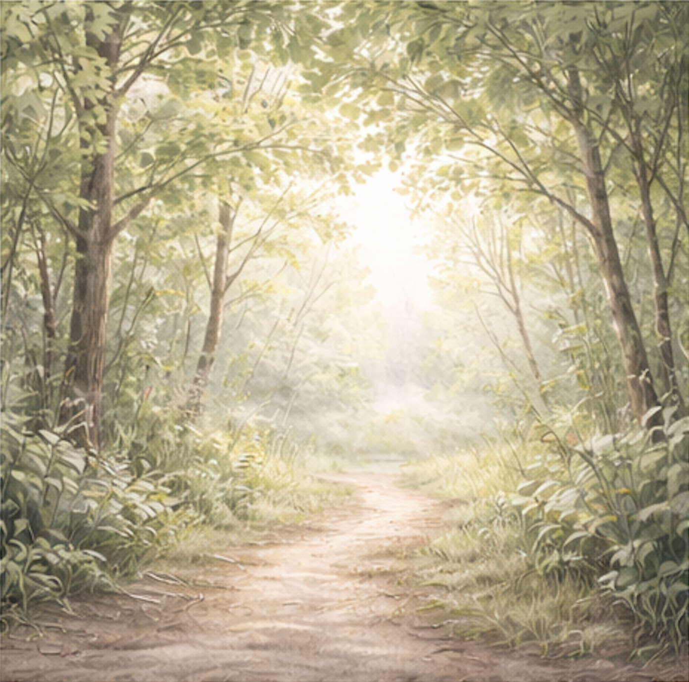 A sunlit forest trail with lush green trees and foliage on both sides.