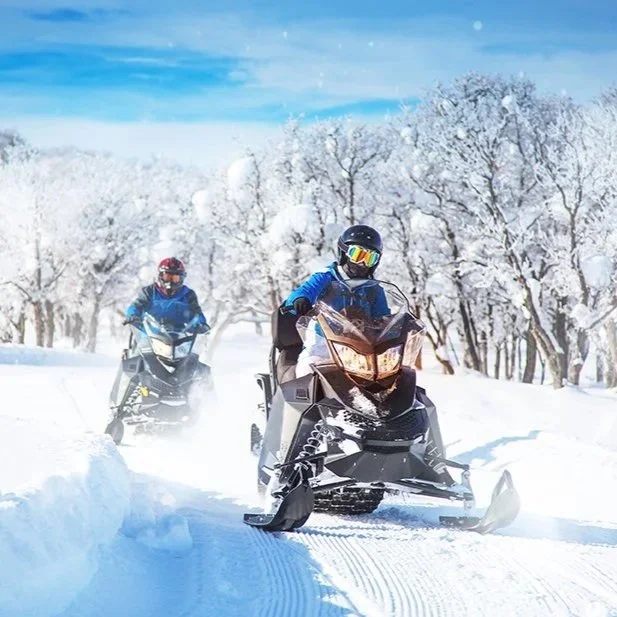 Two people riding snowmobiles on a snowy trail in winter, with snow-covered trees and a blue sky in the background.