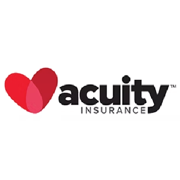 A logo for Acuity Insurance featuring a stylized red heart with shades of pink and purple, and the company's name in black and gray text.