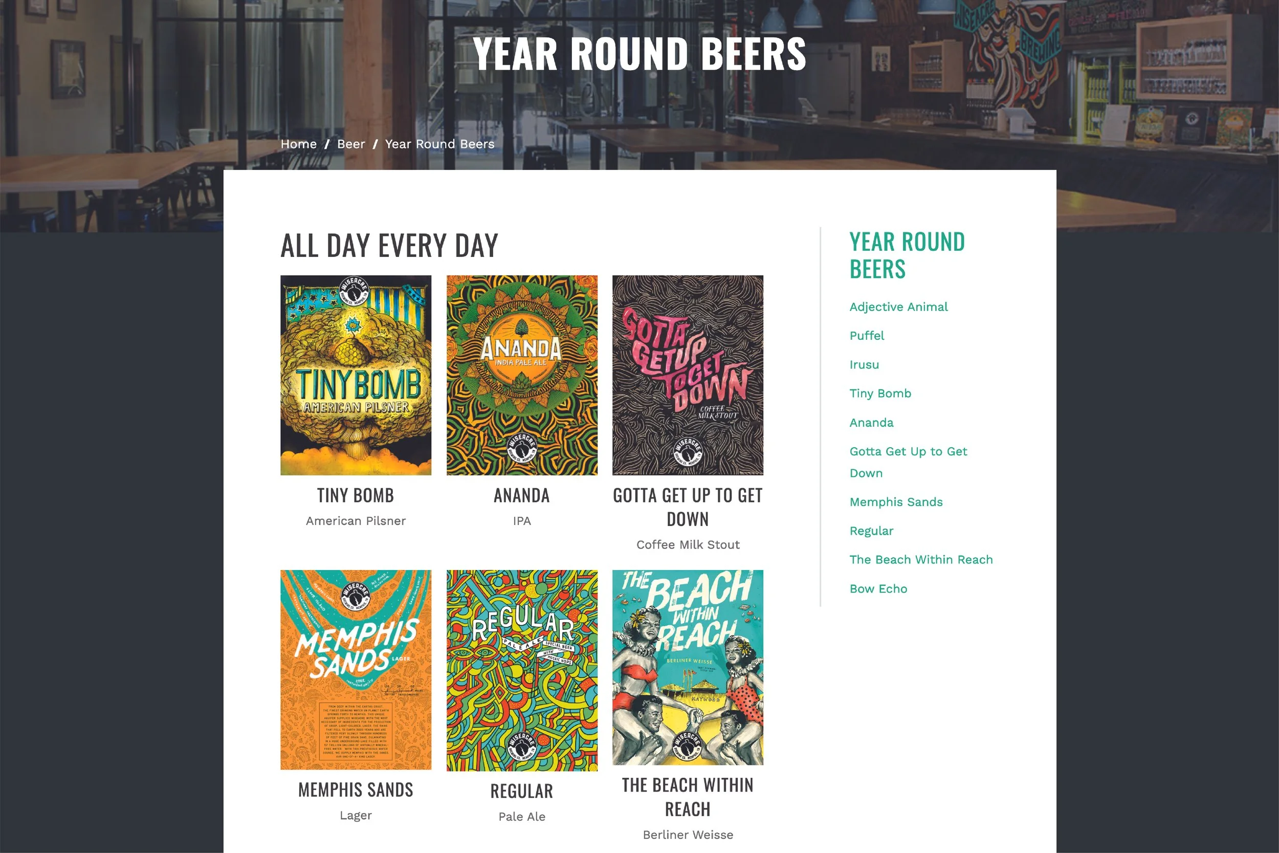 Full-screen desktop mockup of the Wiseacre Brewing Co. beer page before Slowpoke Studio started its digital transformation