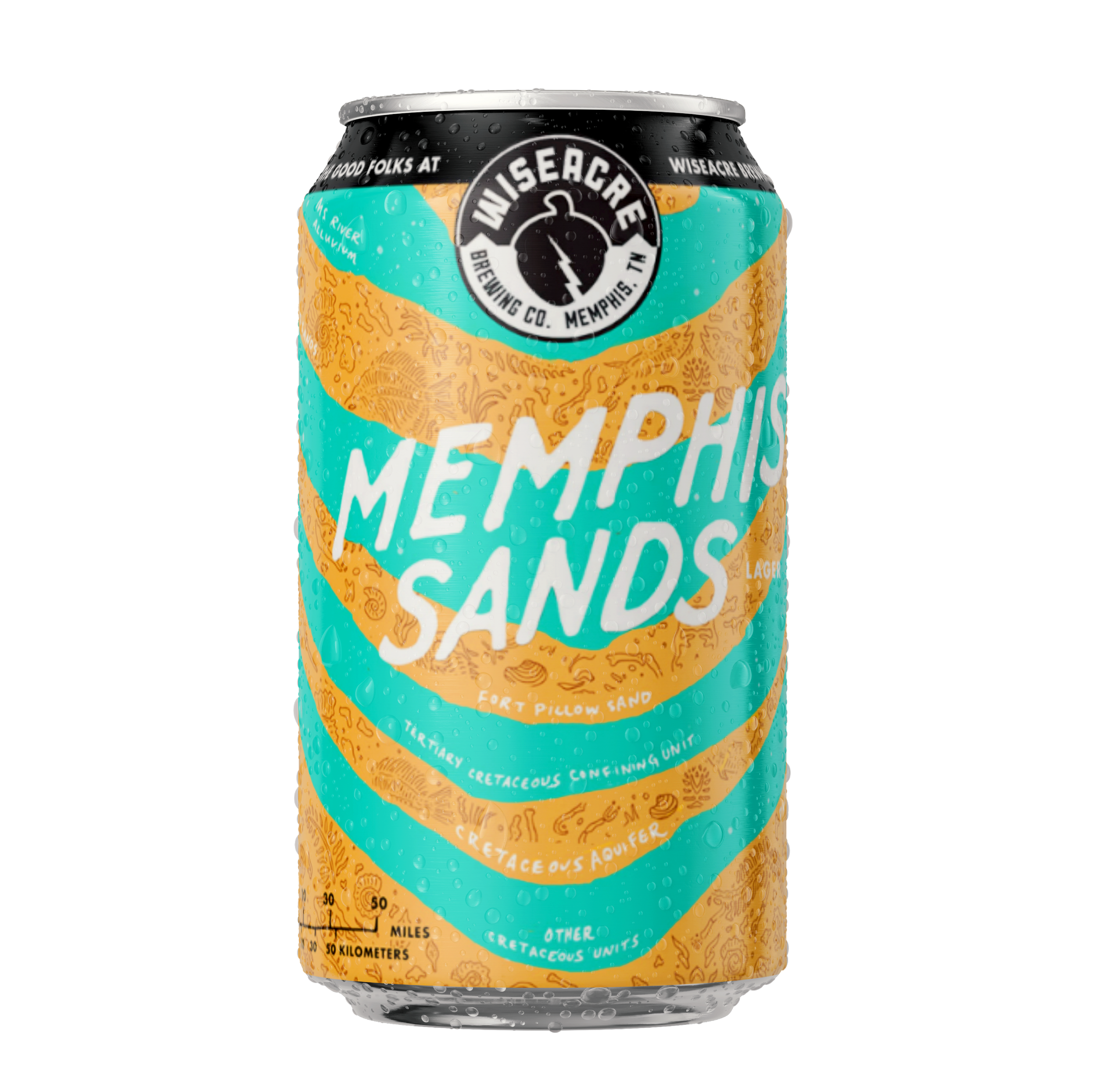 Slowpoke Studio website resign for Wiseacre Brewing Company ft a can of Memphis Sands beer by, featuring a colorful design with orange and blue wavy patterns with fossil illustrations, with the beer name prominently displayed.