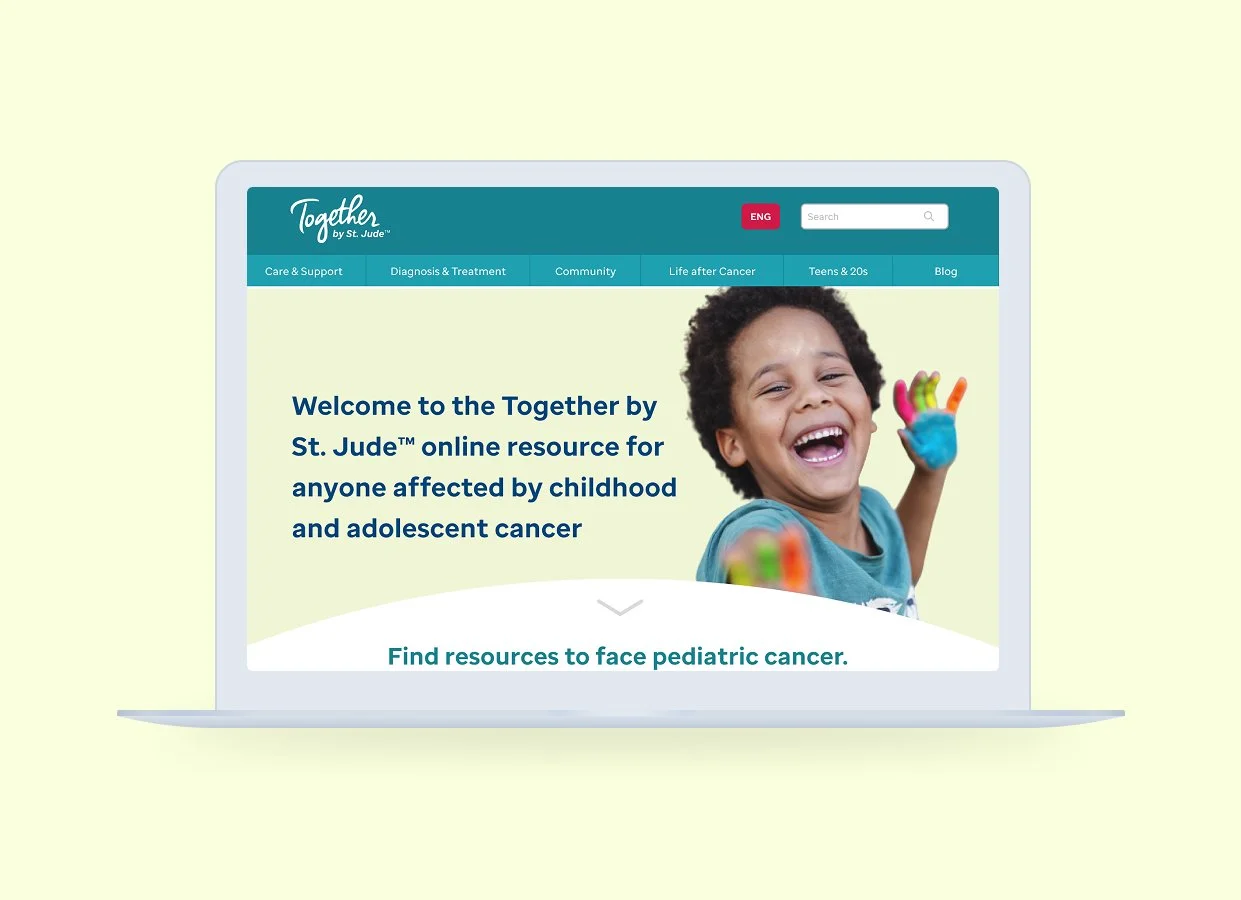 screen cap of what together.org looked like after Slowpoke Studio optimized the UI for St. Jude Children's research.  website page for childhood and adolescent cancer support.