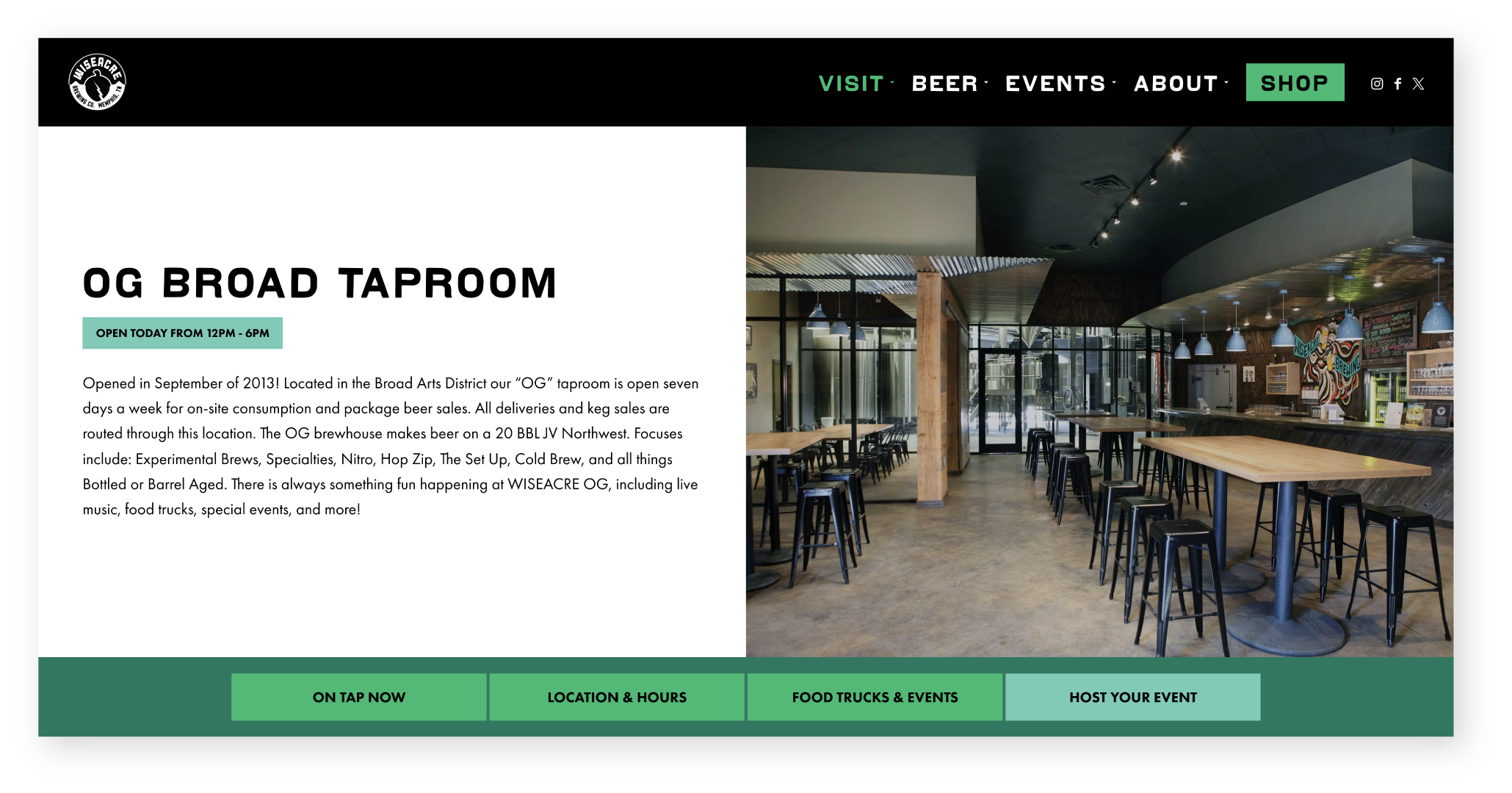 A UI design showcase of the Slowpoke Studios redesign for Wiseacre Brewing Company featuring dynamic taproom location modules and an upcoming events list. These modules provide real-time hours, addresses, and event details.