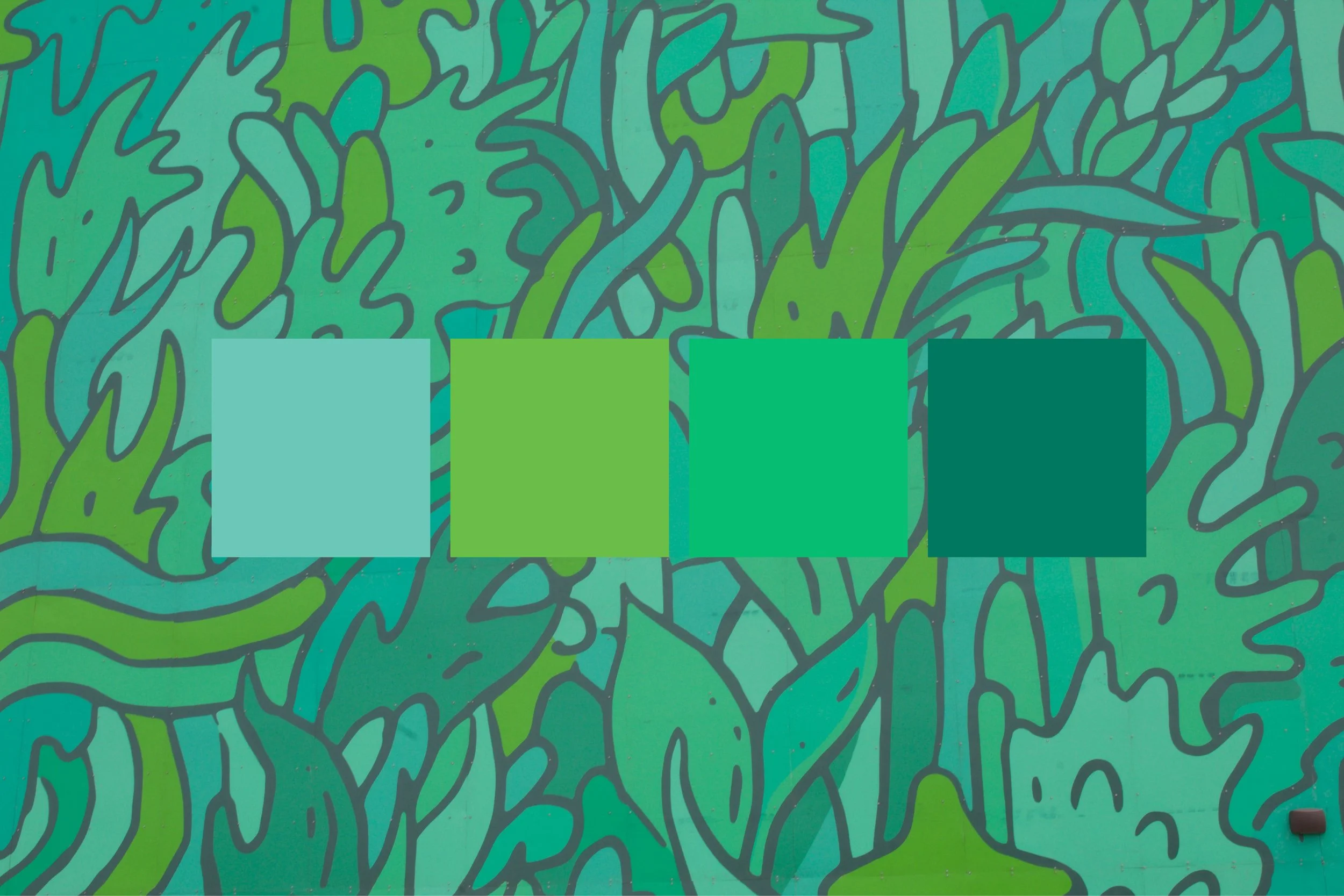 Slowpoke Studio’s website redesign of Wiseacre Brewing Company. Detailing how the color pallet was selected: from a blue and green taproom mural. Image features four rectangular color swatches in light blue, lime green, turquoise, and dark teal.