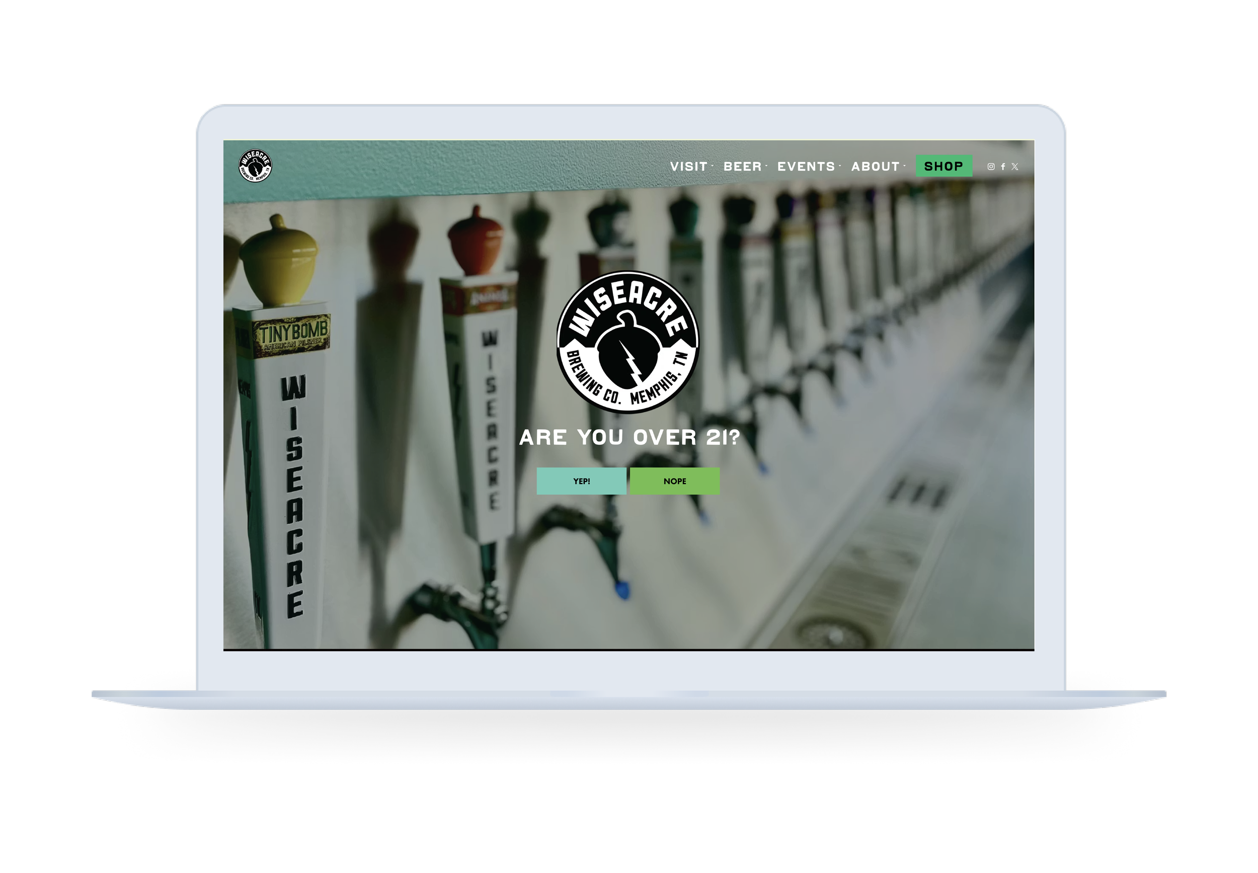 A high-resolution showcase of the Wiseacre Brewing Co. homepage, highlighting the custom UI/UX design and energetic brand aesthetic developed by Slowpoke Studio.