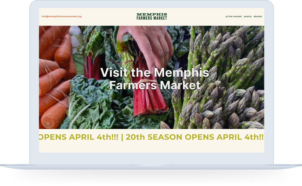 Slowpoke Studio refreshed the Memphis Farmers Market. A website homepage for showing fresh vegetables including carrots, leafy greens, and asparagus with overlaid text inviting visitors to the market opening on April 4th.