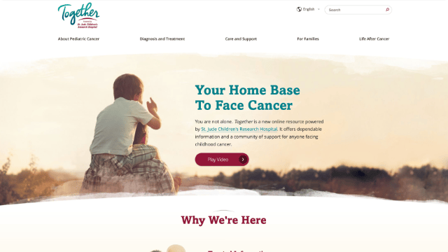 A screen cap of what together.org looked like before Slowpoke Studio optimized the UI for St. Jude Children's research. website page for childhood and adolescent cancer support.