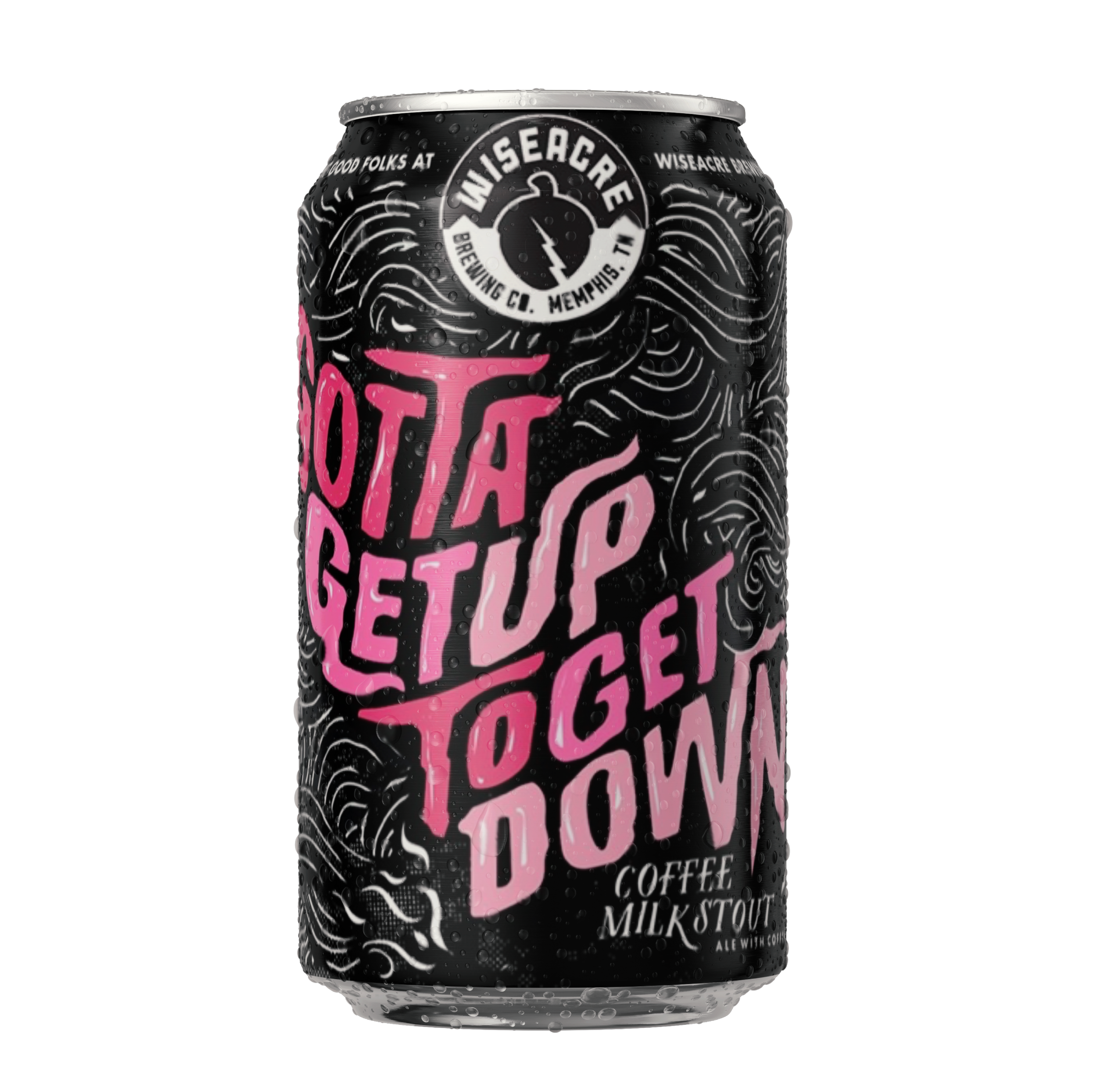 Slowpoke Studio’s website redesign of Wiseacre Brewing Company ft Gotta Get Up to Get Down beer can with pink and white lettering displaying beers name;  swirling line designs  against a black background.
