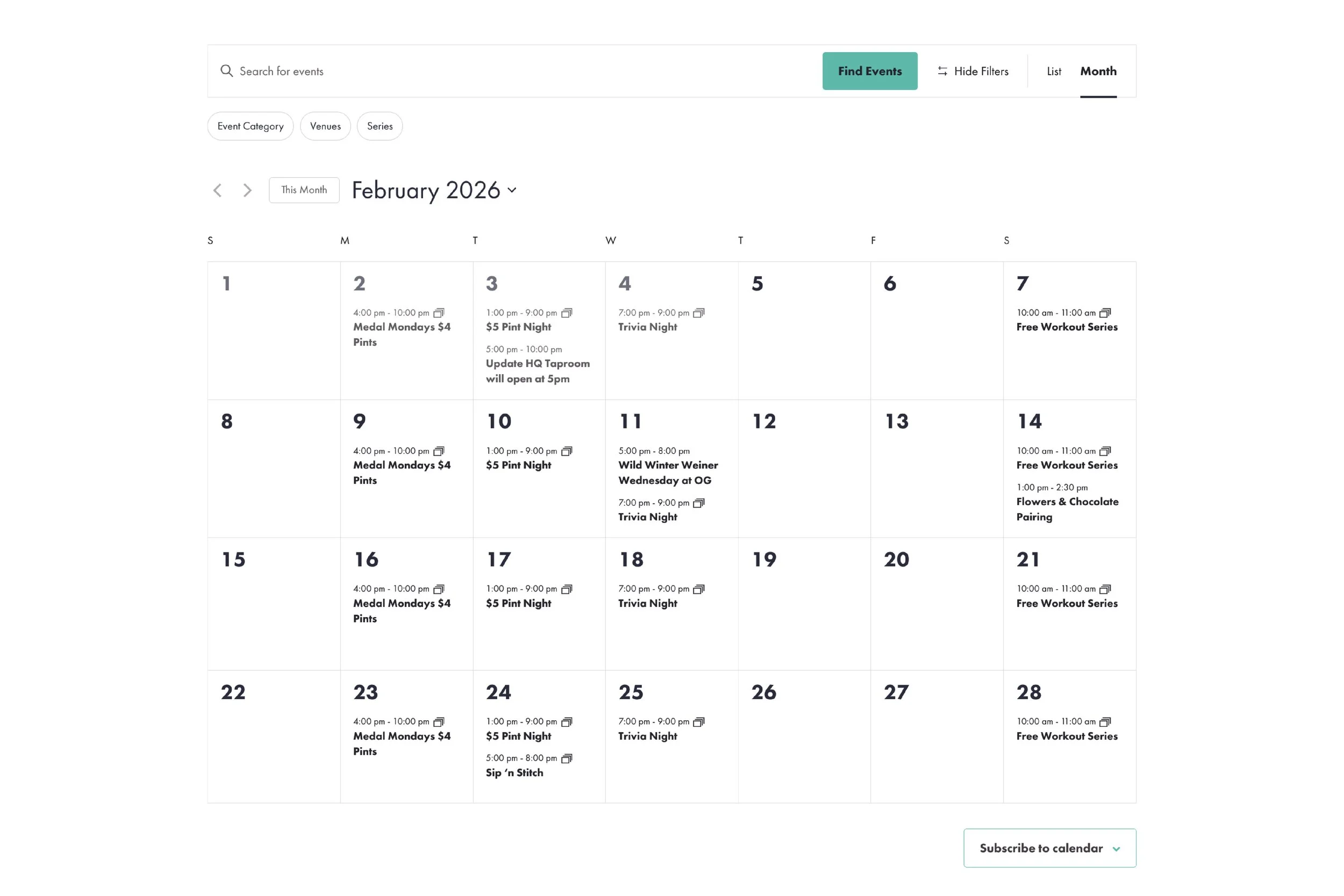Taproom event calendar.