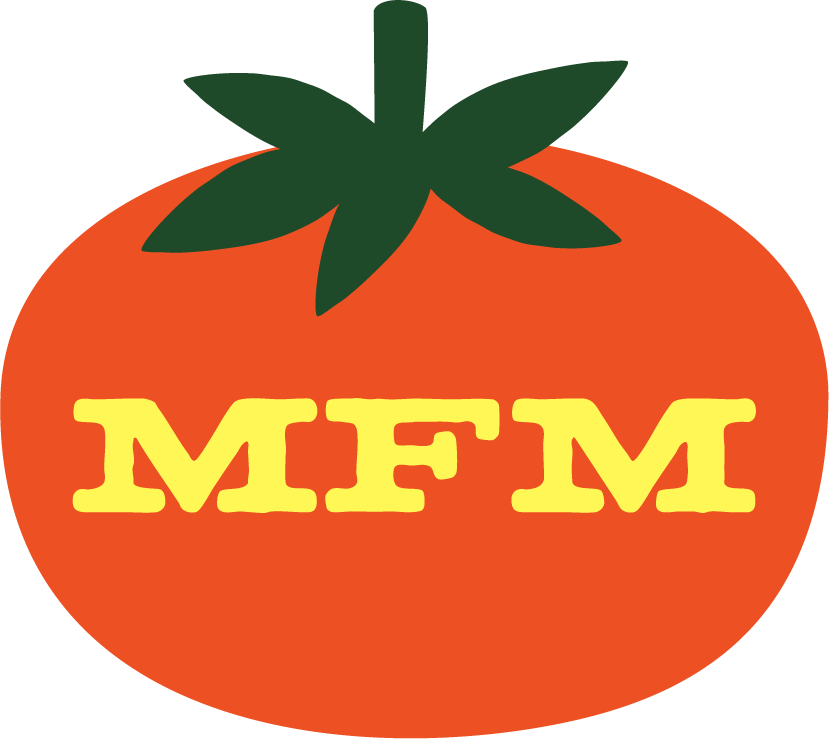 Slowpoke Studio refreshed the Memphis Farmers Market logo A stylized tomato with green leaves, featuring the text 'MFM' in yellow on its surface.