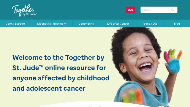 Animated scrolling screen cap of what together.org looked like after Slowpoke Studio optimized the UI for St. Jude Children's research.  website page for childhood and adolescent cancer support.