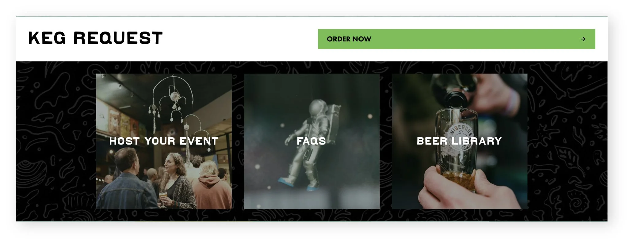 Slowpoke Studio’s redesign of Wiseacre Brewing Company: screen cap of new tonal of patterns in use on the website.