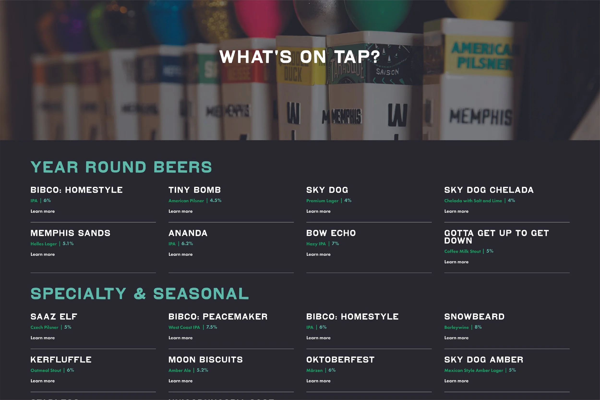 Taproom specific menus showing beer availability.